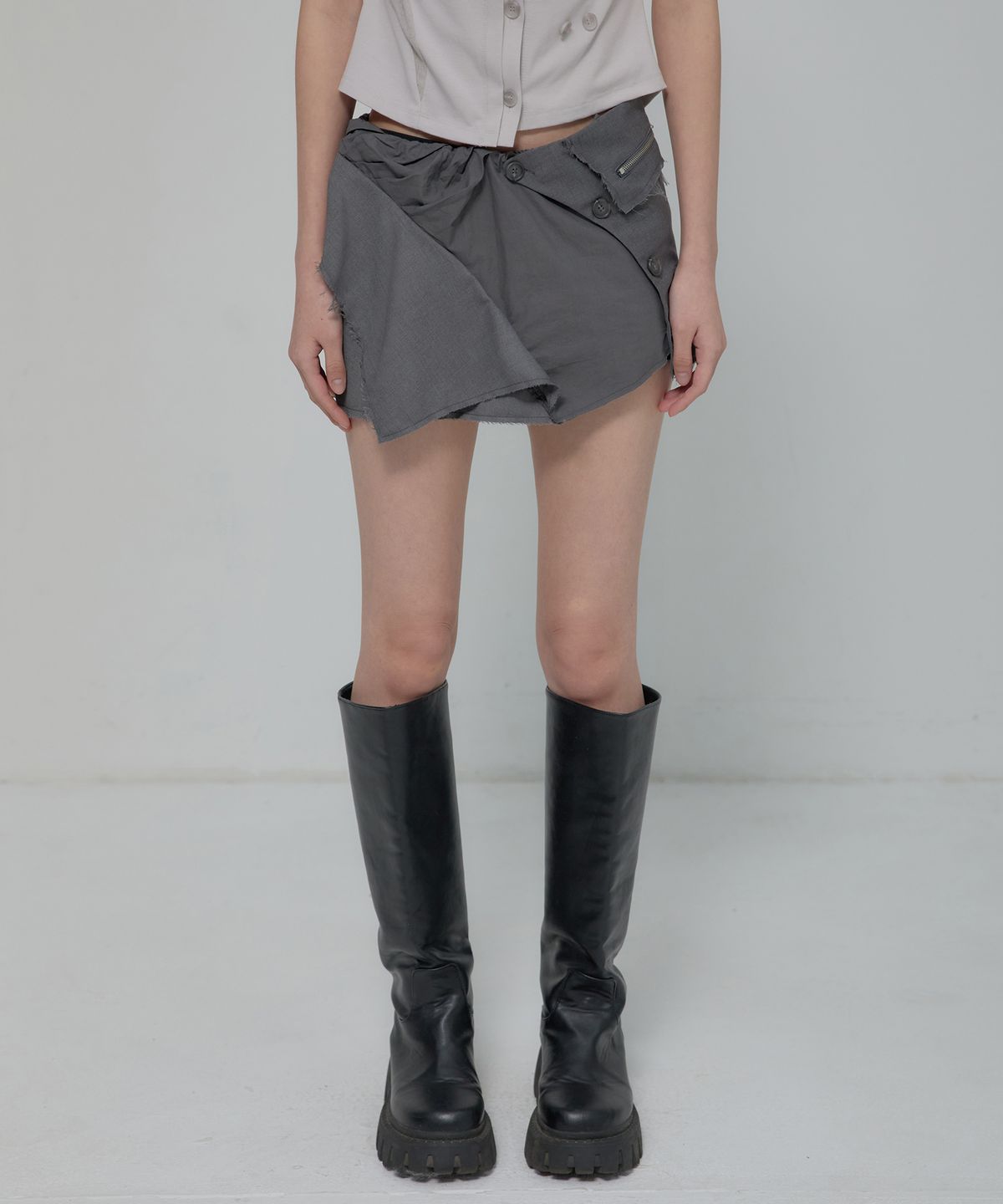 플레어업(FLAREUP) Asymmetrical Layered Mini Skirt (FL-267_Dark Gray)