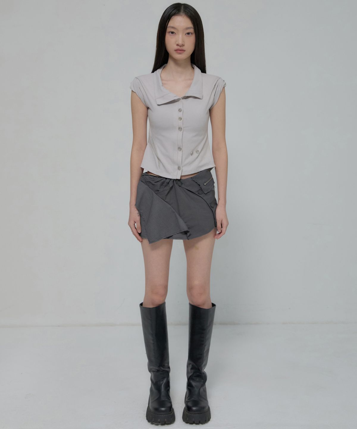 플레어업(FLAREUP) Asymmetrical Layered Mini Skirt (FL-267_Dark Gray)