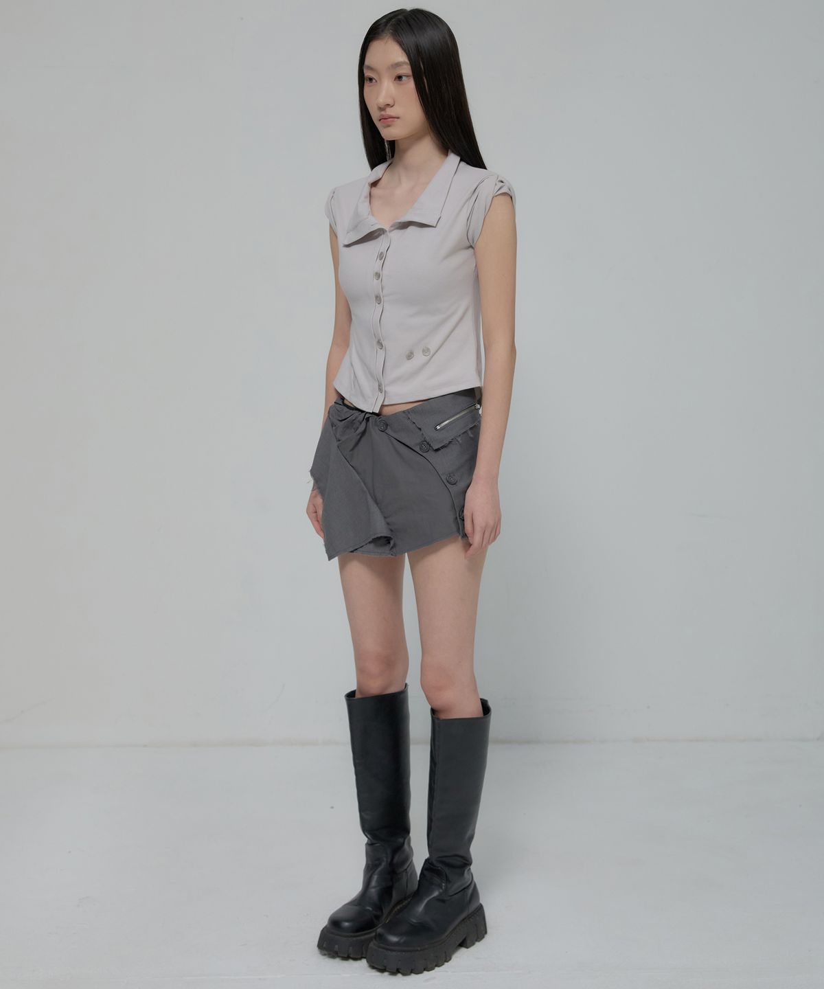 플레어업(FLAREUP) Asymmetrical Layered Mini Skirt (FL-267_Dark Gray)
