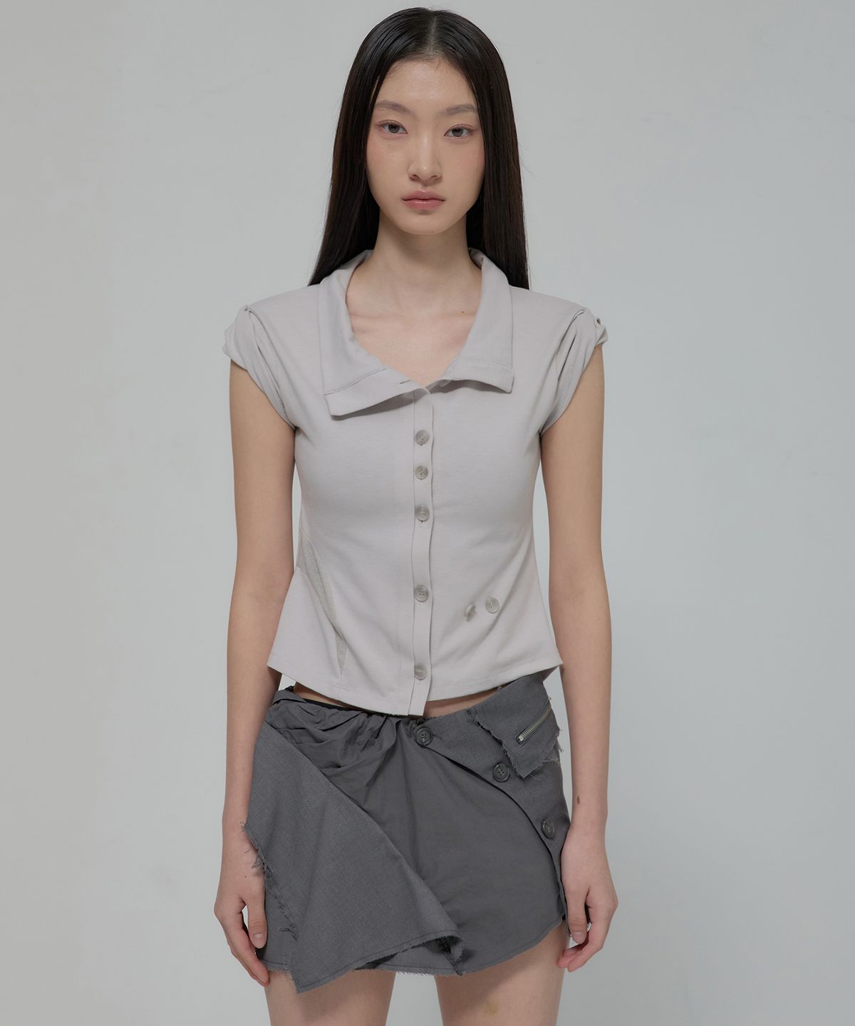 플레어업(FLAREUP) Asymmetrical Layered Mini Skirt (FL-267_Dark Gray)