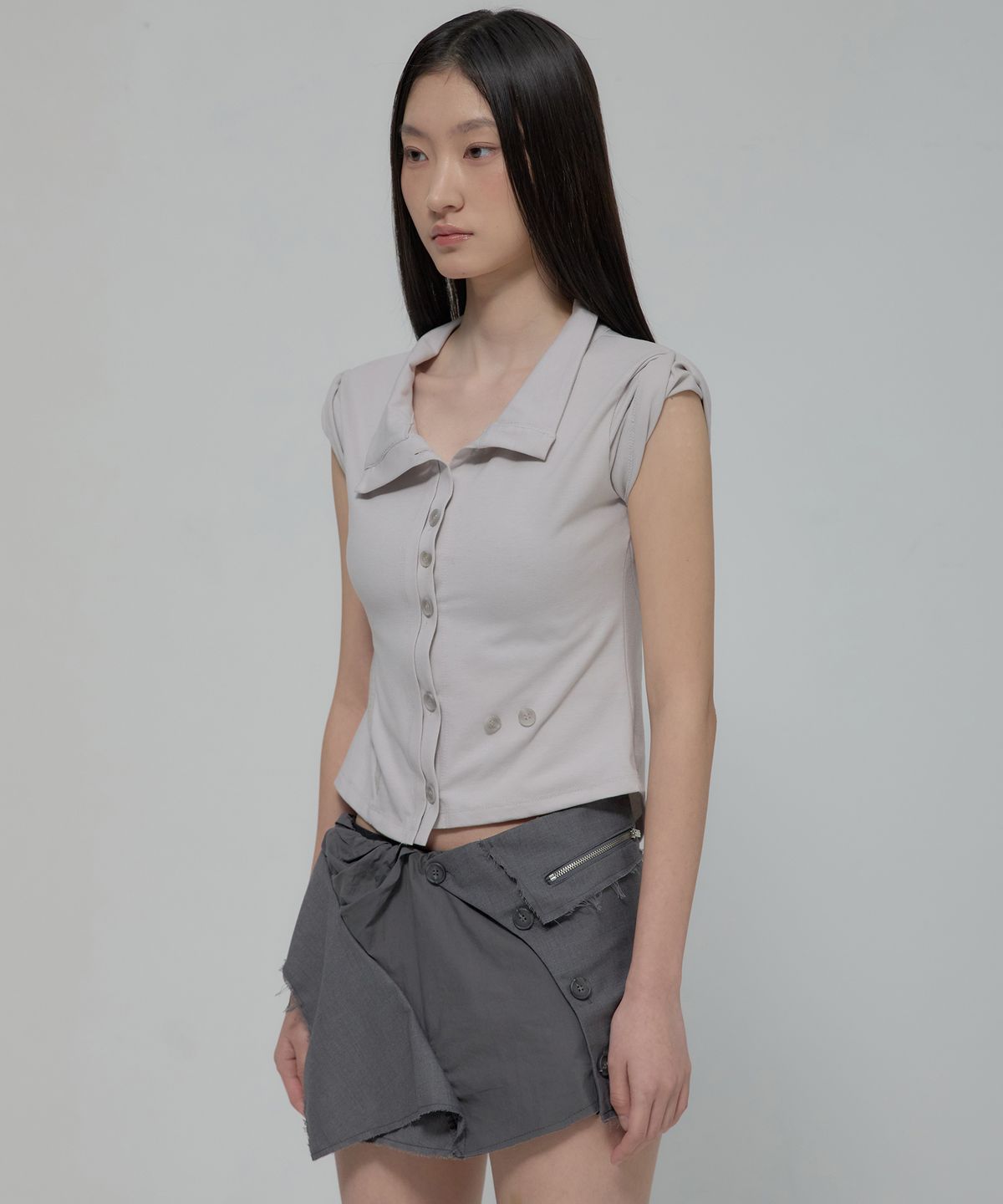 플레어업(FLAREUP) Asymmetrical Layered Mini Skirt (FL-267_Dark Gray)