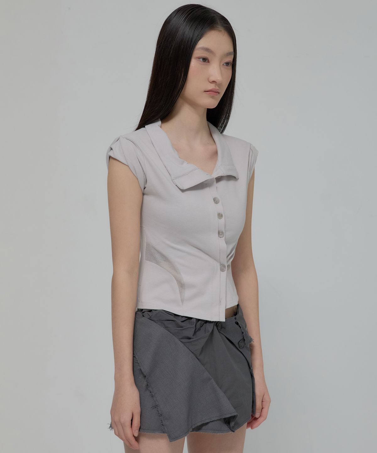 플레어업(FLAREUP) Asymmetrical Layered Mini Skirt (FL-267_Dark Gray)
