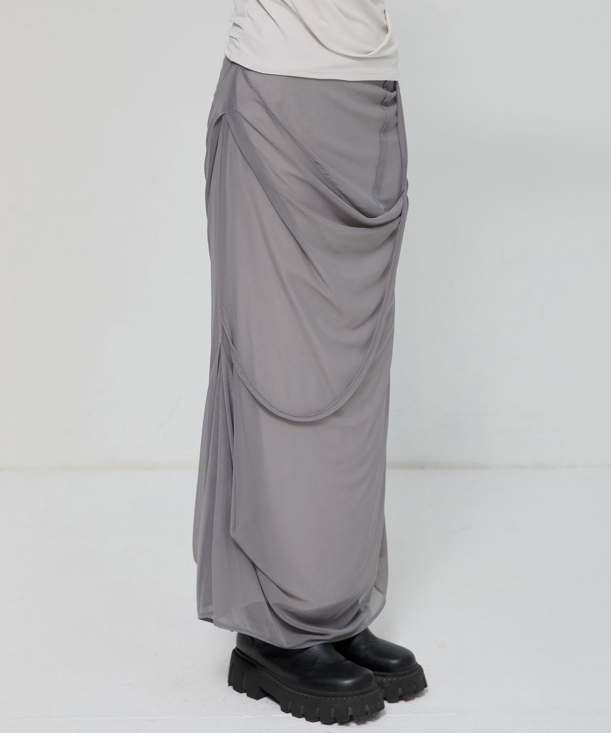 플레어업(FLAREUP) Draped Mesh Layered Long Skirt (FL-264_Gray)