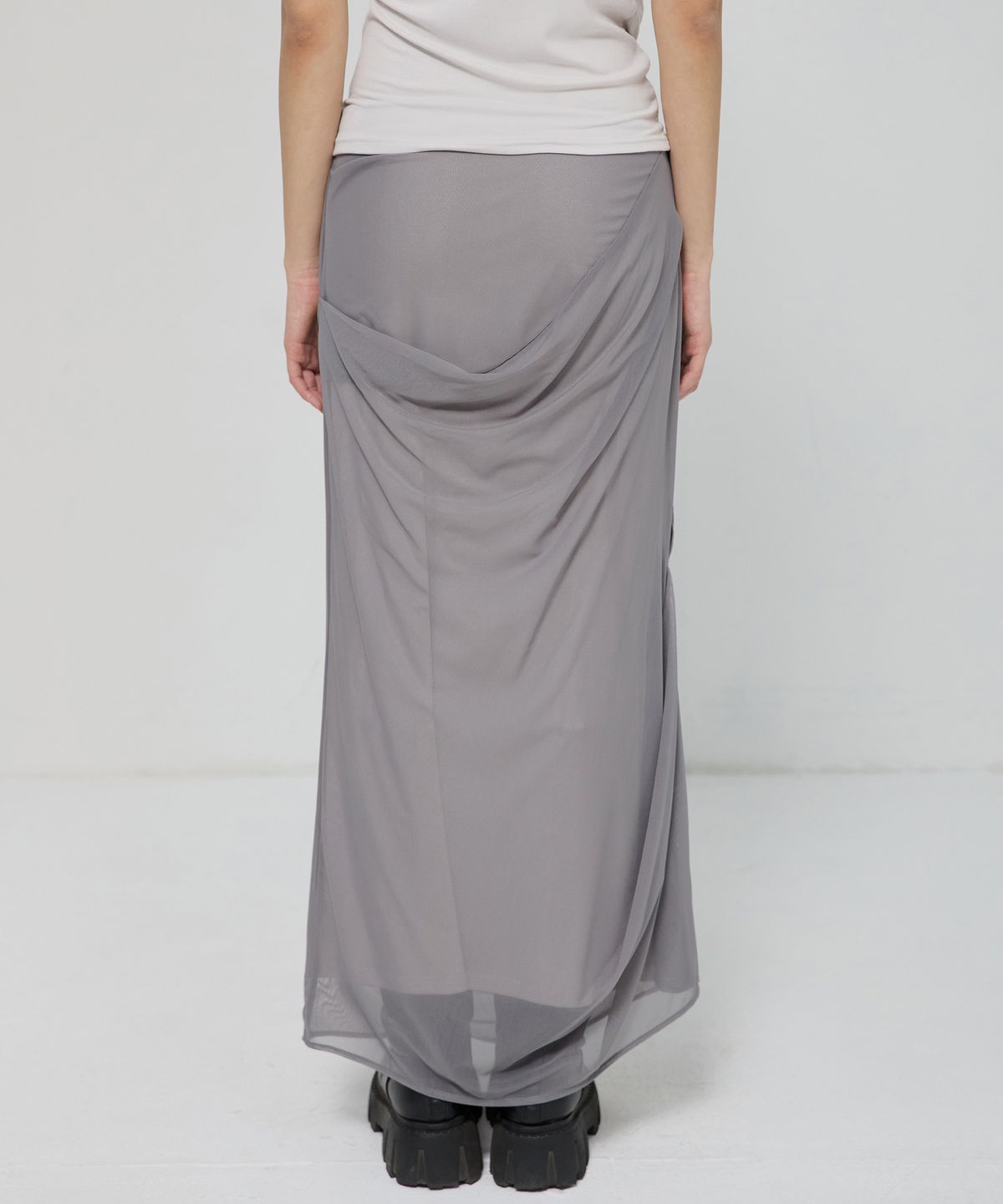 플레어업(FLAREUP) Draped Mesh Layered Long Skirt (FL-264_Gray)