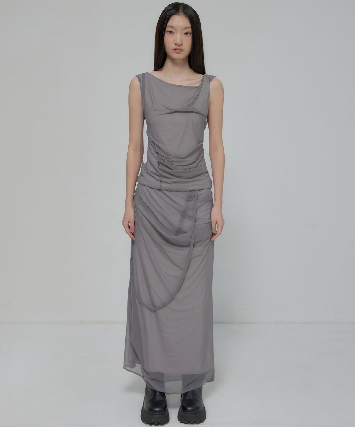플레어업(FLAREUP) Draped Mesh Layered Long Skirt (FL-264_Gray)