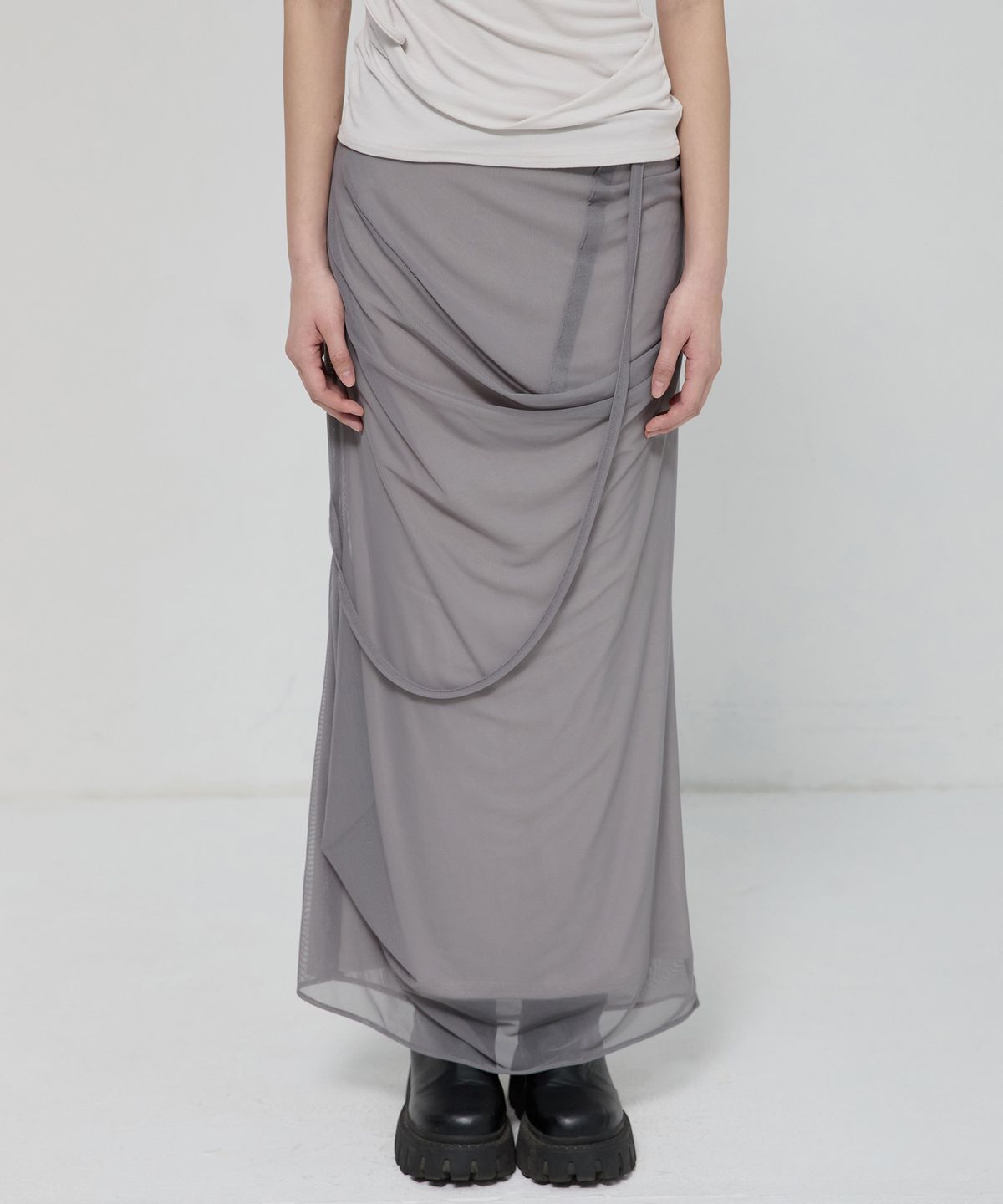 플레어업(FLAREUP) Draped Mesh Layered Long Skirt (FL-264_Gray)