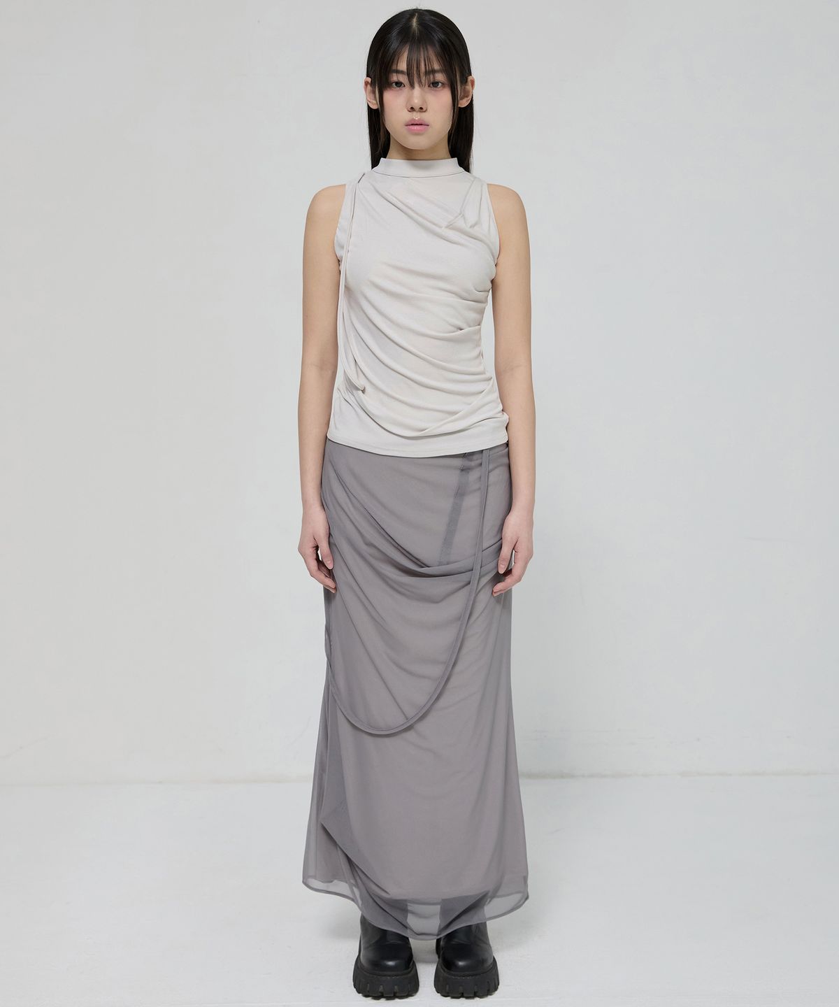 플레어업(FLAREUP) Draped Mesh Layered Long Skirt (FL-264_Gray)