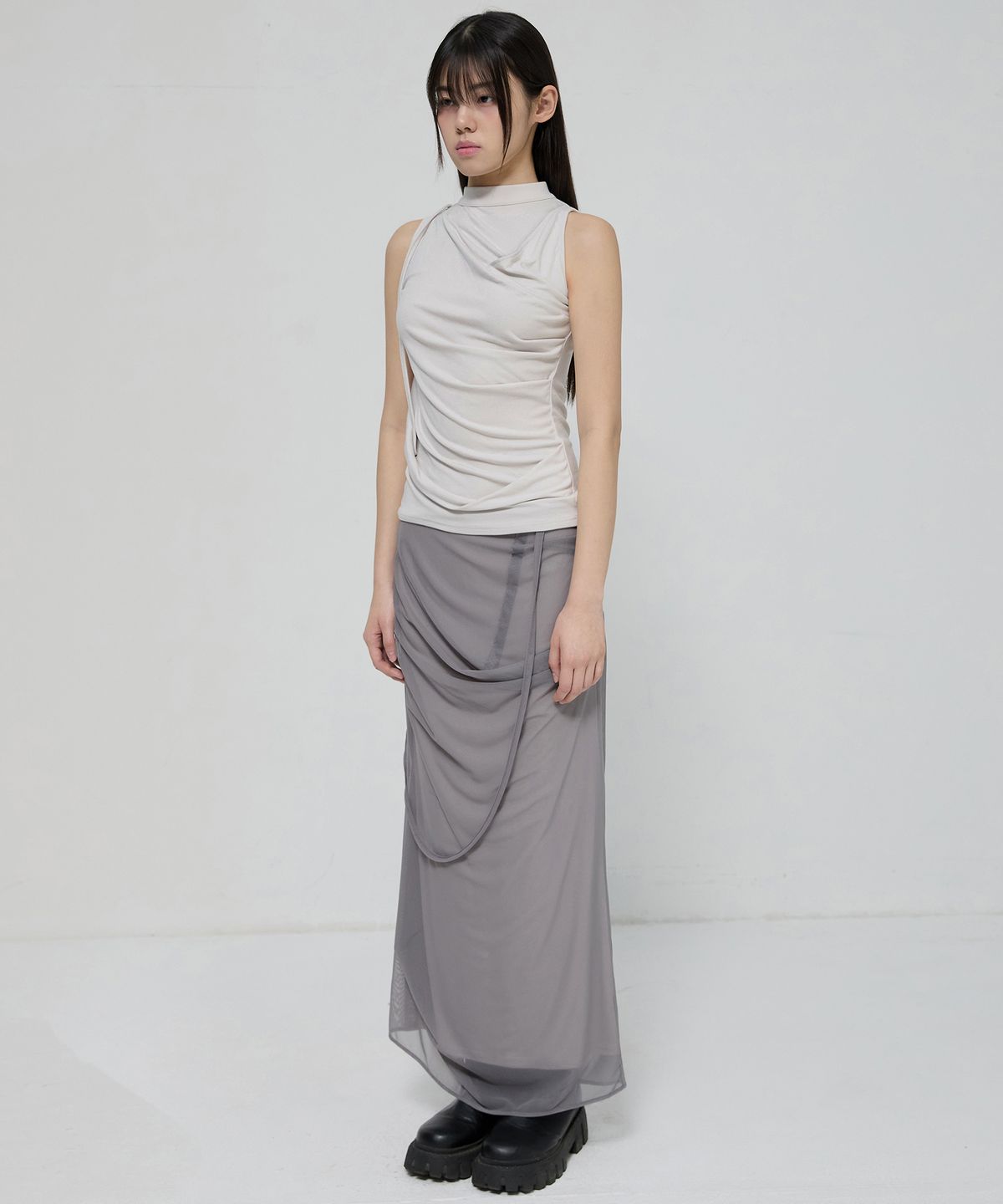 플레어업(FLAREUP) Draped Mesh Layered Long Skirt (FL-264_Gray)