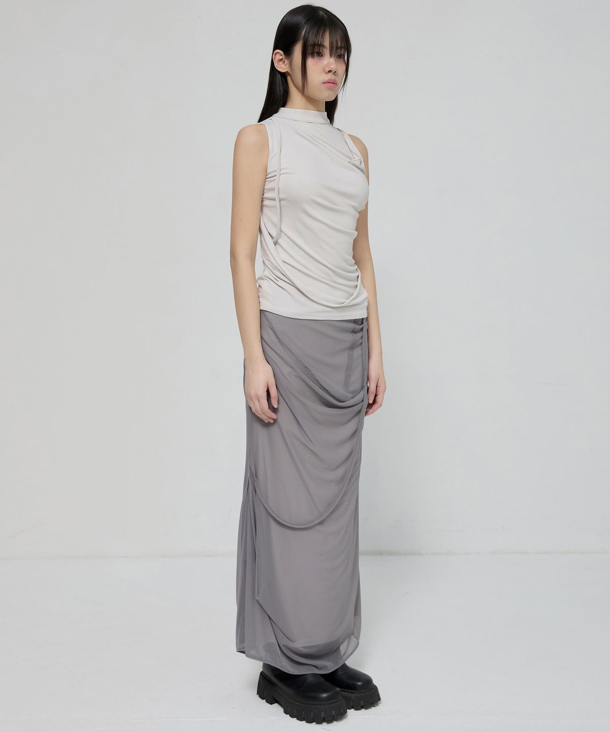 플레어업(FLAREUP) Draped Mesh Layered Long Skirt (FL-264_Gray)