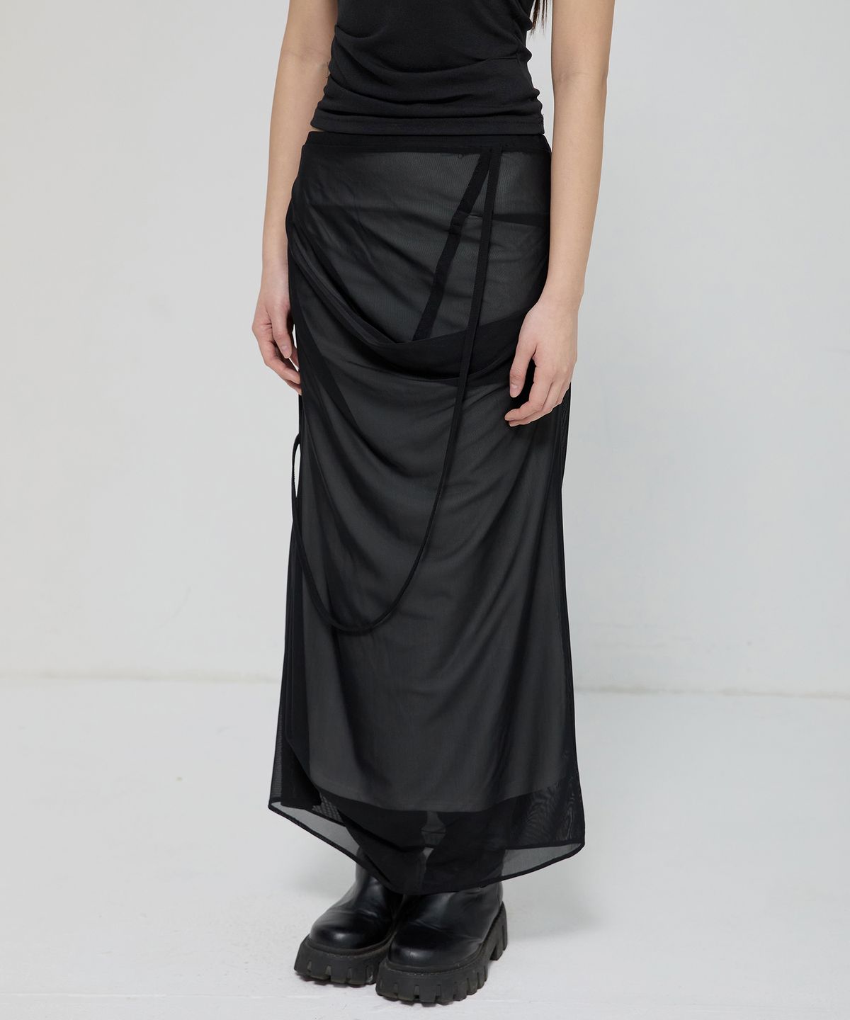 플레어업(FLAREUP) Draped Mesh Layered Long Skirt (FL-264_Black)