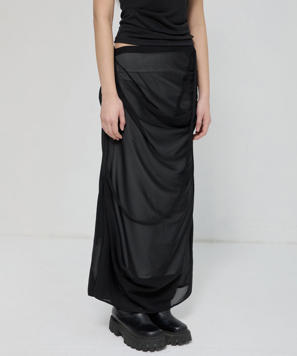 플레어업(FLAREUP) Draped Mesh Layered Long Skirt (FL-264_Black)