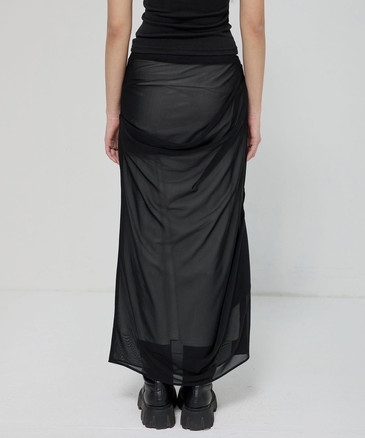 플레어업(FLAREUP) Draped Mesh Layered Long Skirt (FL-264_Black)