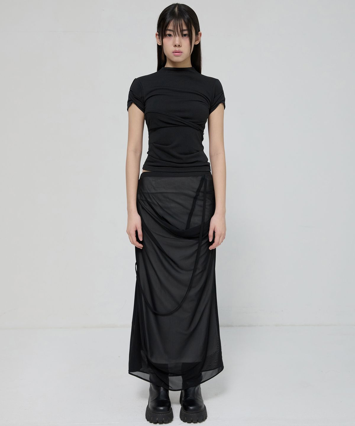 플레어업(FLAREUP) Draped Mesh Layered Long Skirt (FL-264_Black)