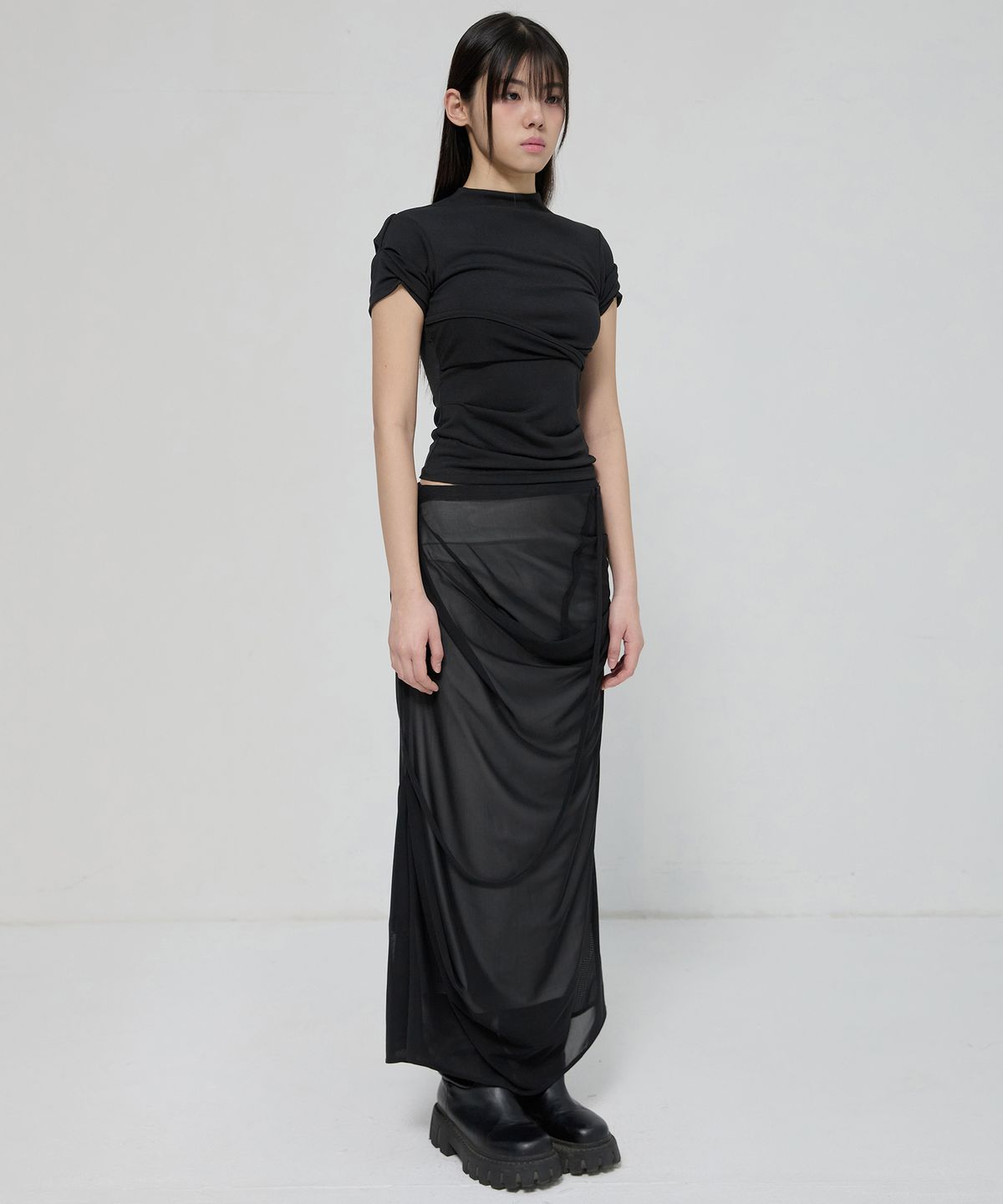 플레어업(FLAREUP) Draped Mesh Layered Long Skirt (FL-264_Black)