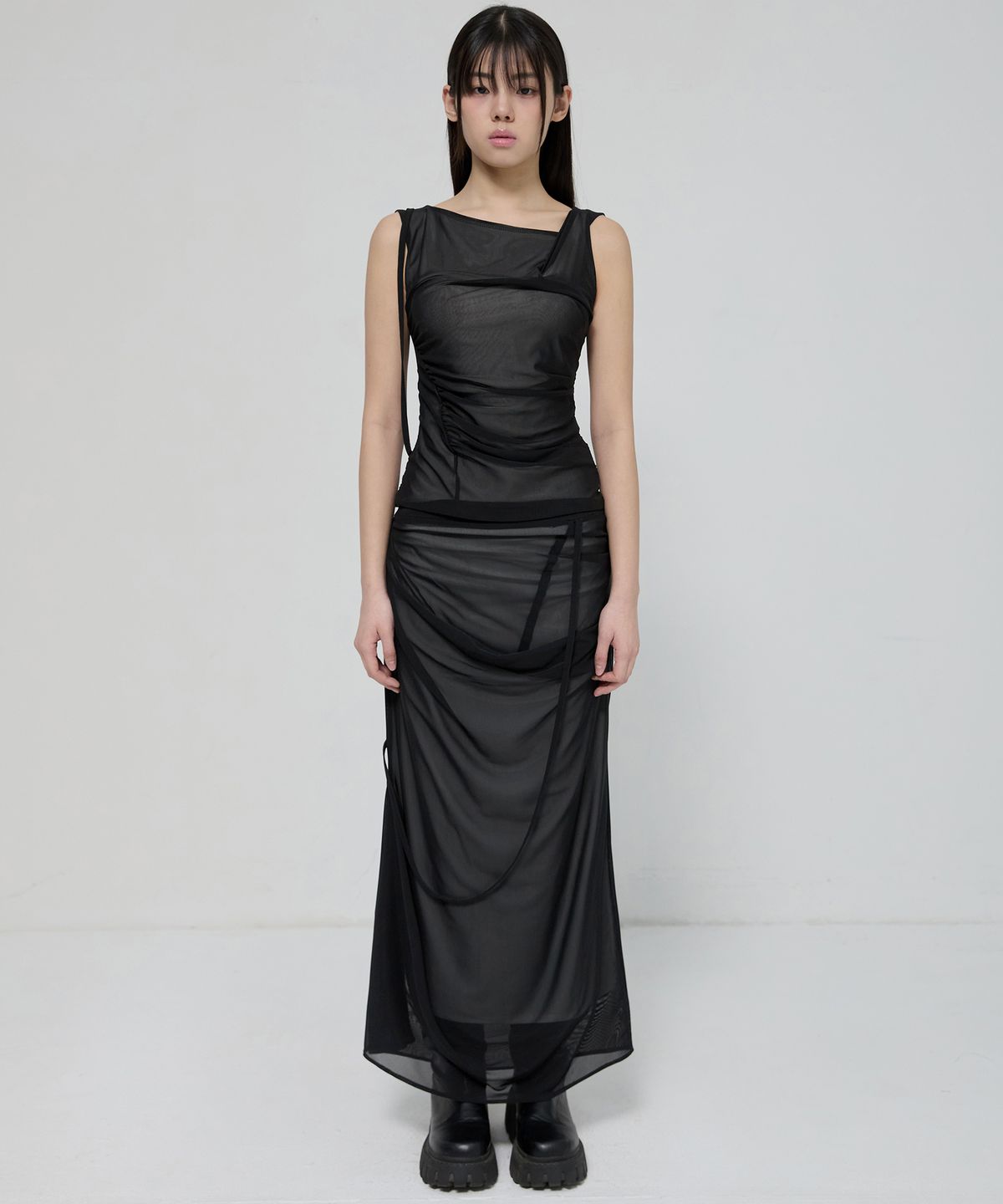 플레어업(FLAREUP) Draped Mesh Layered Long Skirt (FL-264_Black)