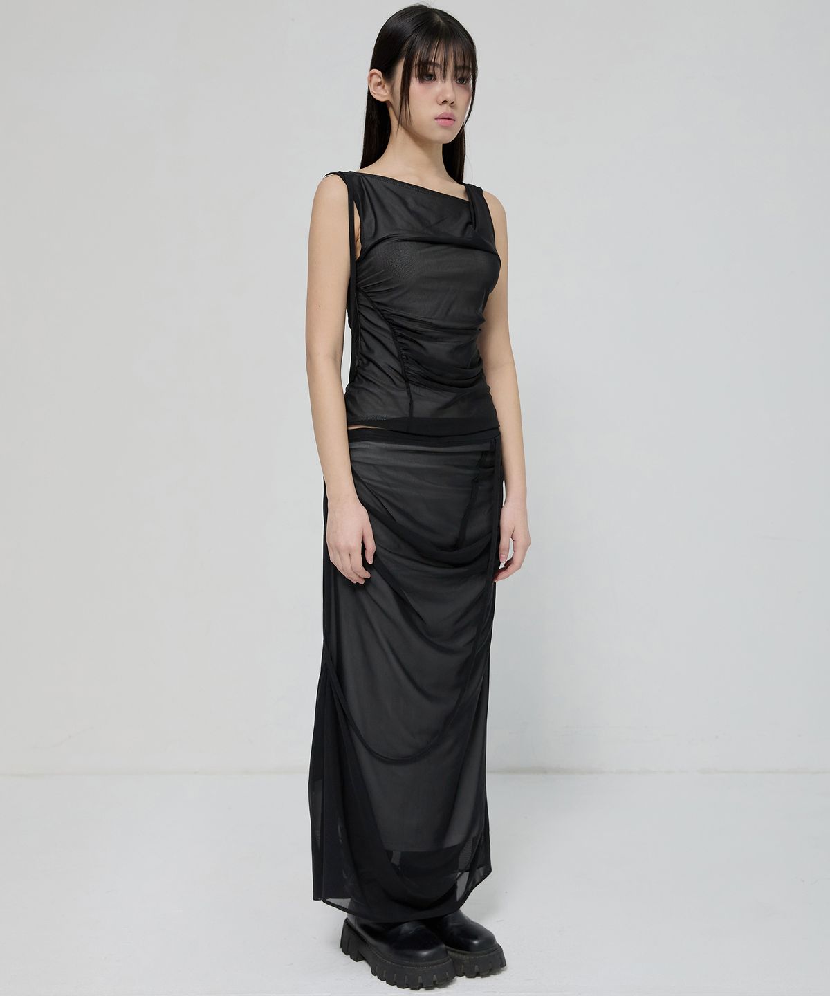 플레어업(FLAREUP) Draped Mesh Layered Long Skirt (FL-264_Black)