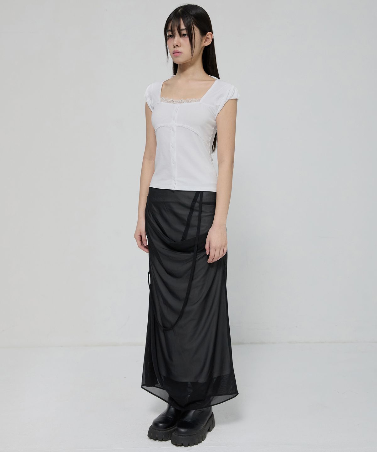 플레어업(FLAREUP) Draped Mesh Layered Long Skirt (FL-264_Black)