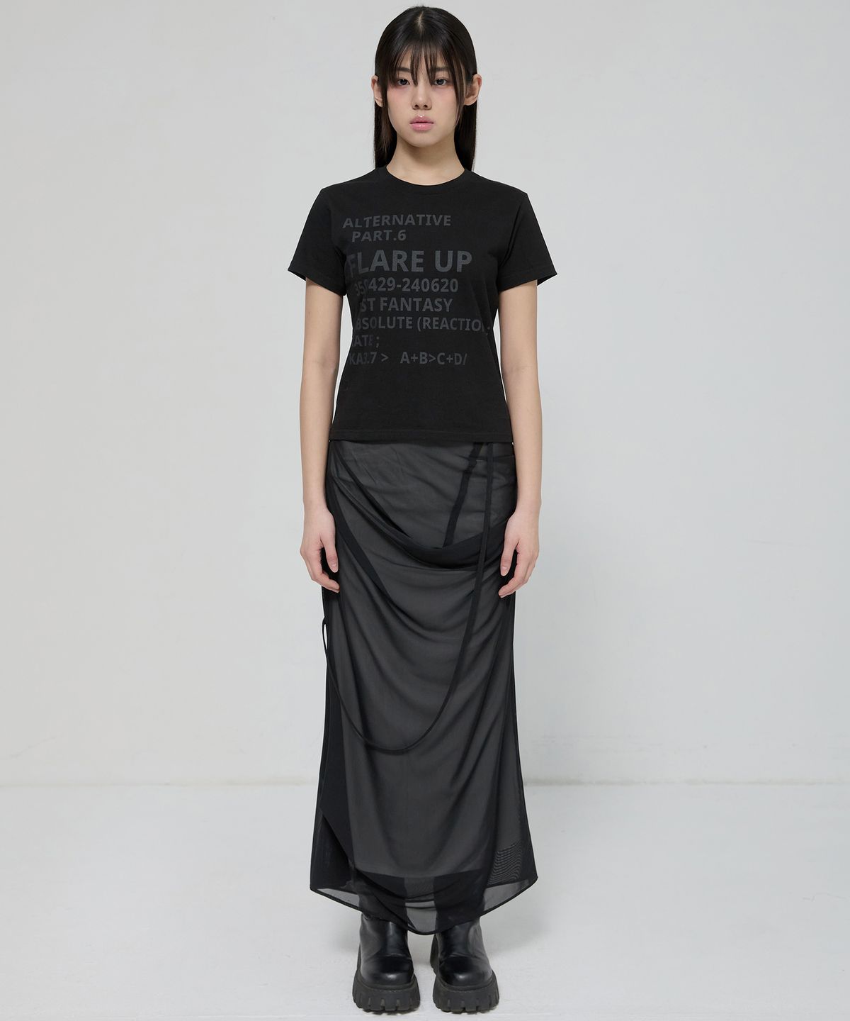 플레어업(FLAREUP) Draped Mesh Layered Long Skirt (FL-264_Black)