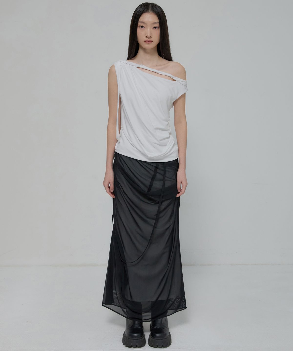 플레어업(FLAREUP) Draped Mesh Layered Long Skirt (FL-264_Black)