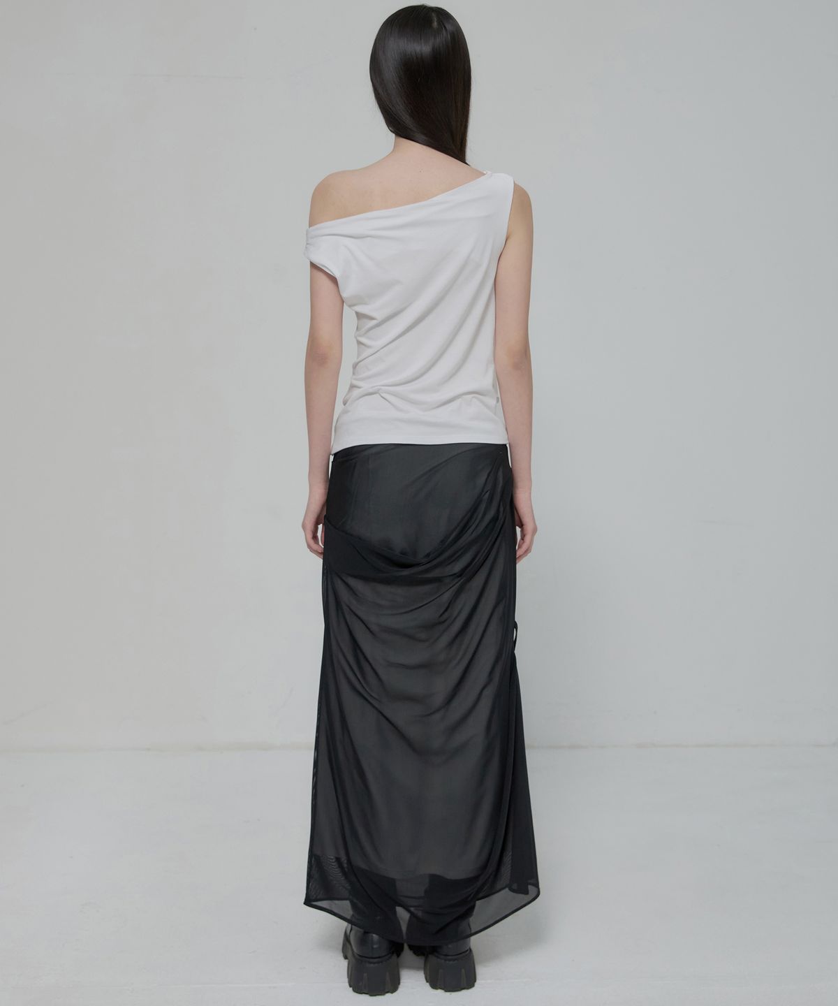 플레어업(FLAREUP) Draped Mesh Layered Long Skirt (FL-264_Black)