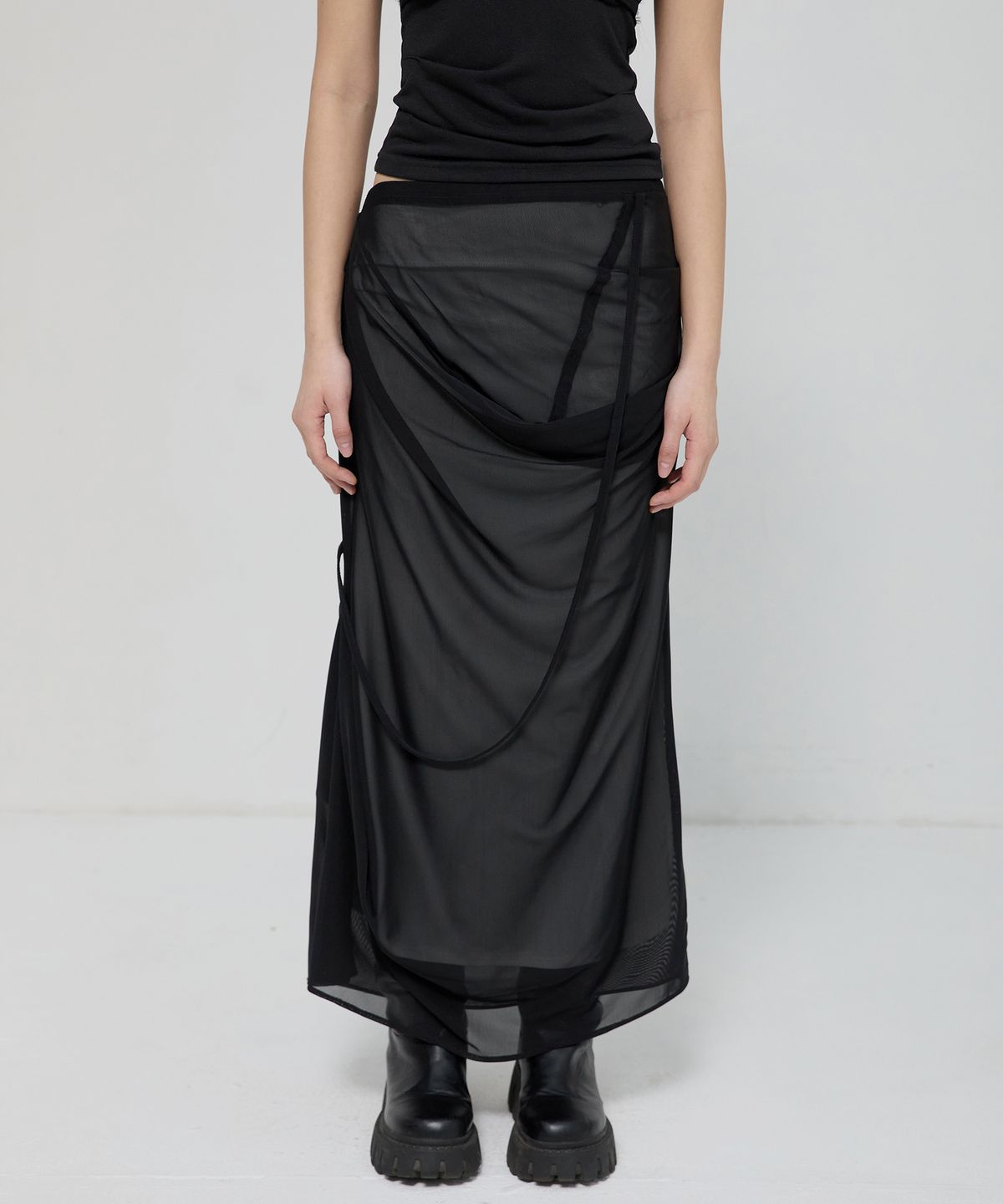 플레어업(FLAREUP) Draped Mesh Layered Long Skirt (FL-264_Black)