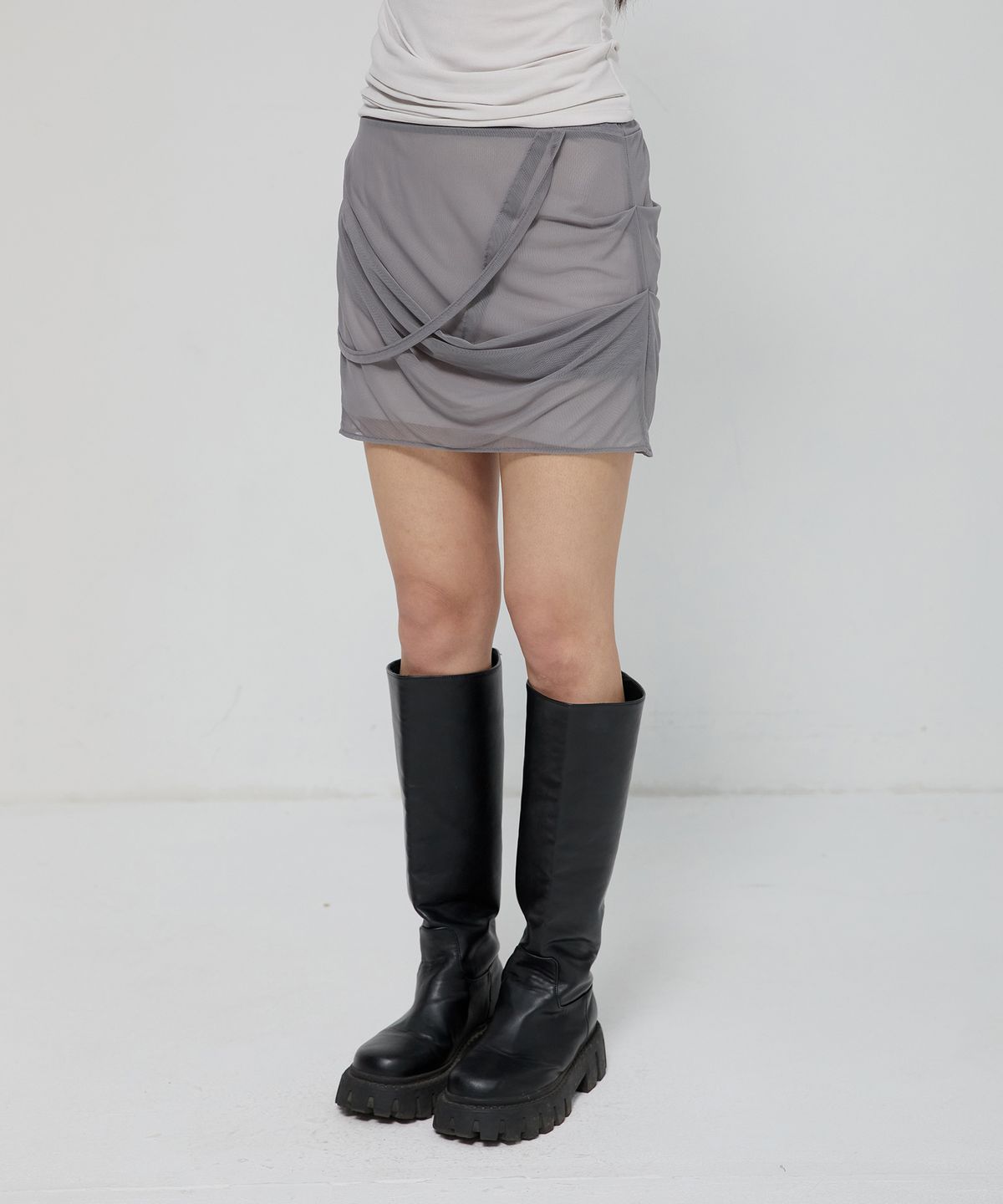 플레어업(FLAREUP) Draped Mesh Layered Mini Skirt (FL-265_Gray)