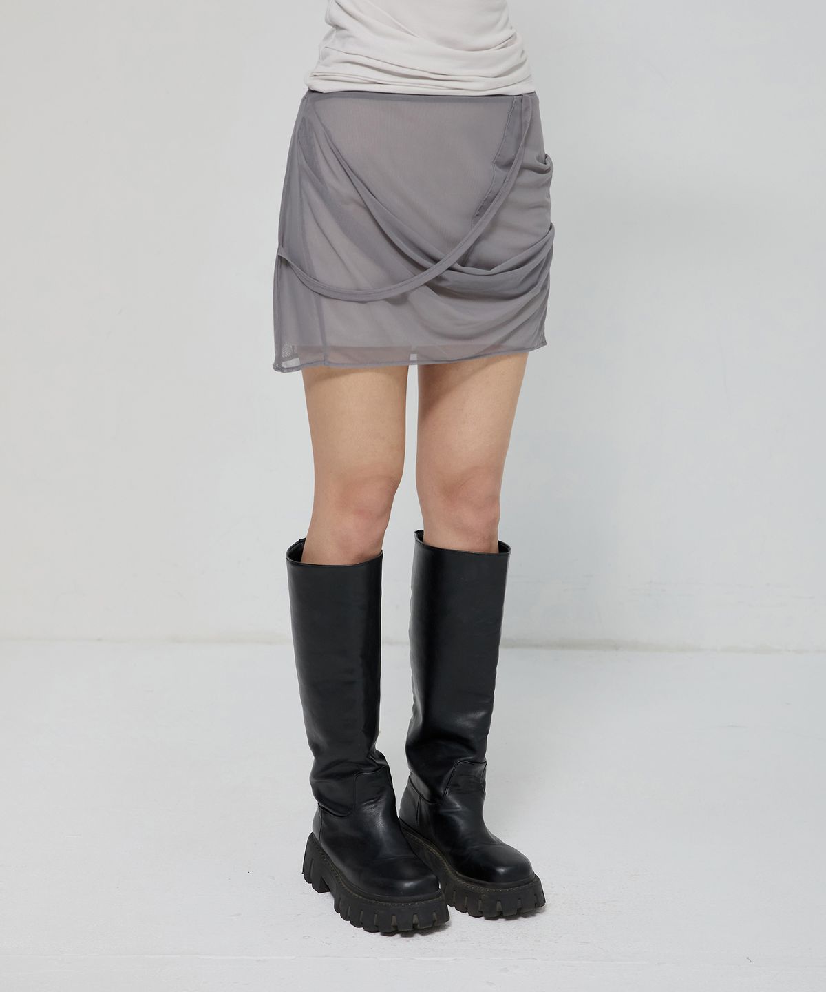 플레어업(FLAREUP) Draped Mesh Layered Mini Skirt (FL-265_Gray)