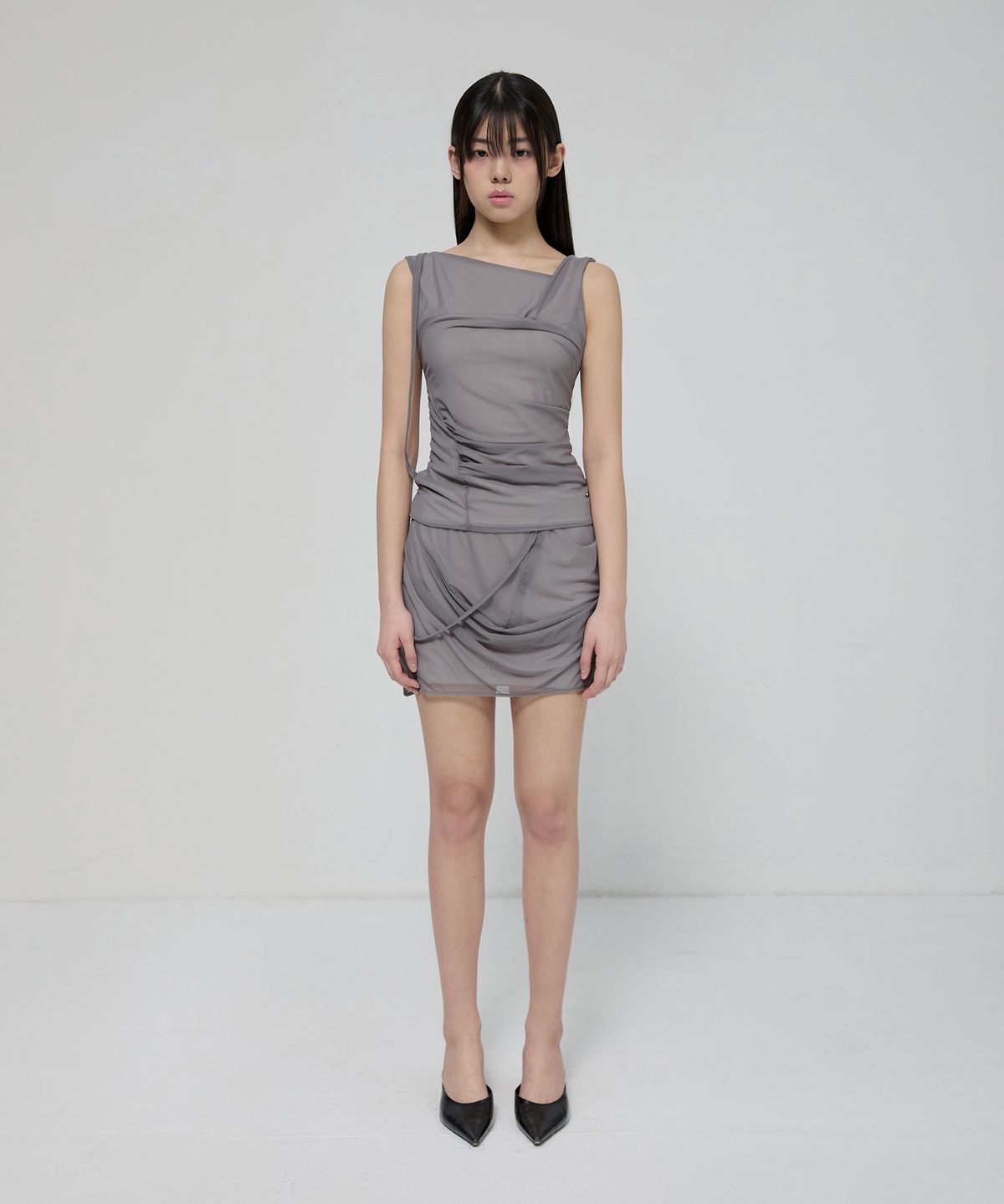 플레어업(FLAREUP) Draped Mesh Layered Mini Skirt (FL-265_Gray)