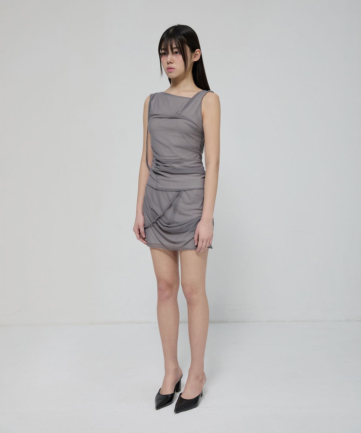 플레어업(FLAREUP) Draped Mesh Layered Mini Skirt (FL-265_Gray)