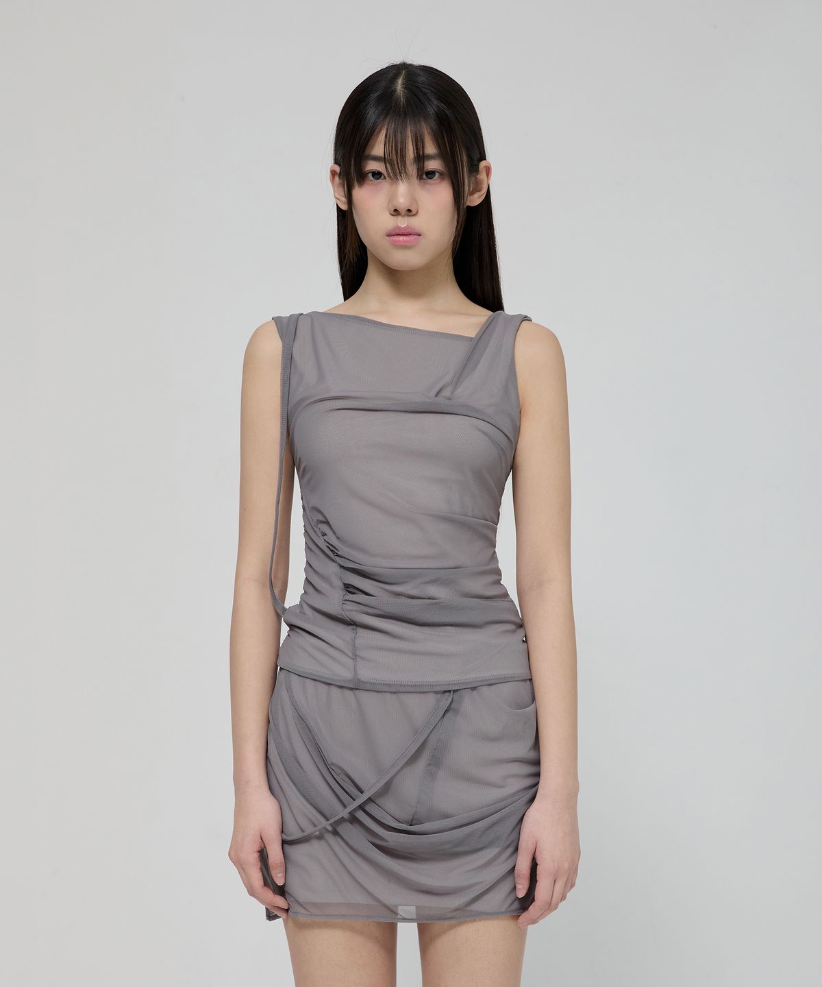 플레어업(FLAREUP) Draped Mesh Layered Mini Skirt (FL-265_Gray)