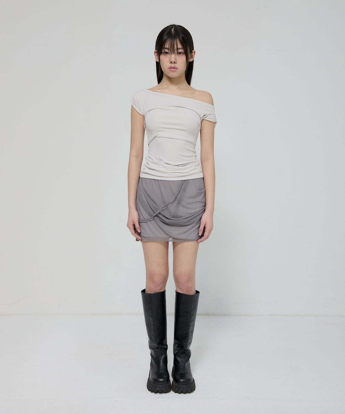 플레어업(FLAREUP) Draped Mesh Layered Mini Skirt (FL-265_Gray)