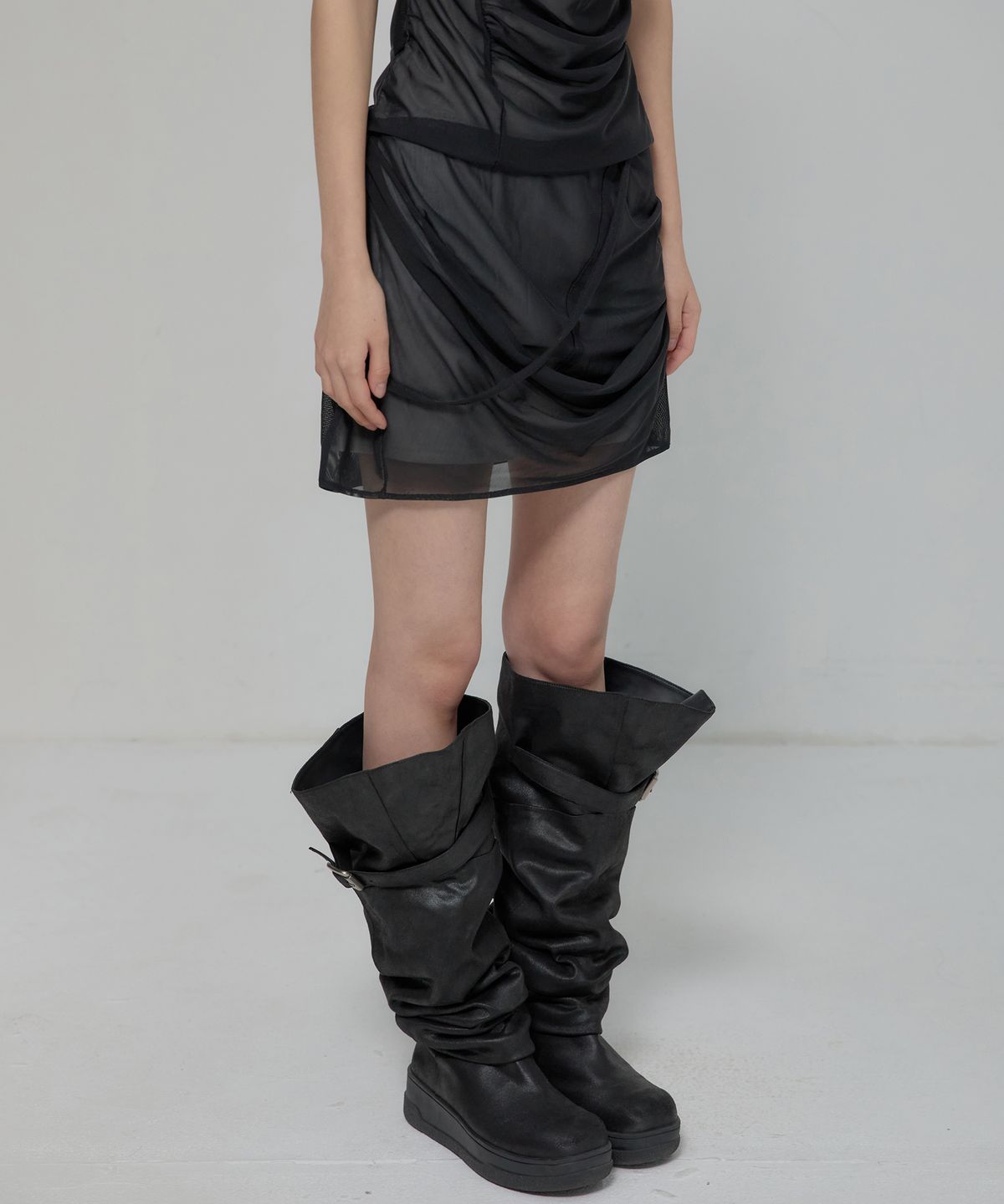플레어업(FLAREUP) Draped Mesh Layered Mini Skirt (FL-265_Black)