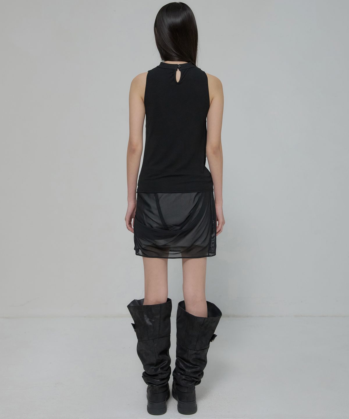 플레어업(FLAREUP) Draped Mesh Layered Mini Skirt (FL-265_Black)