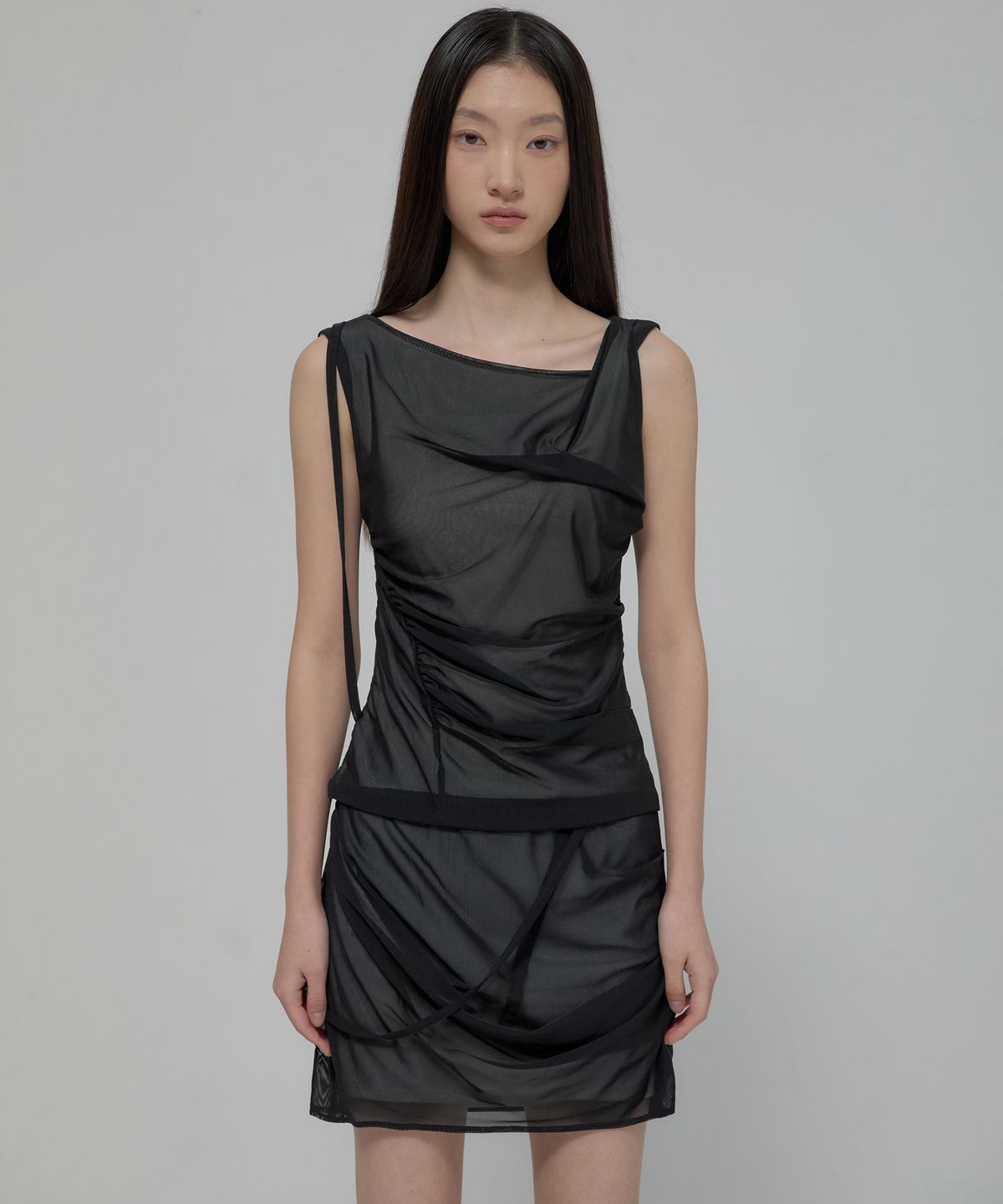 플레어업(FLAREUP) Draped Mesh Layered Mini Skirt (FL-265_Black)