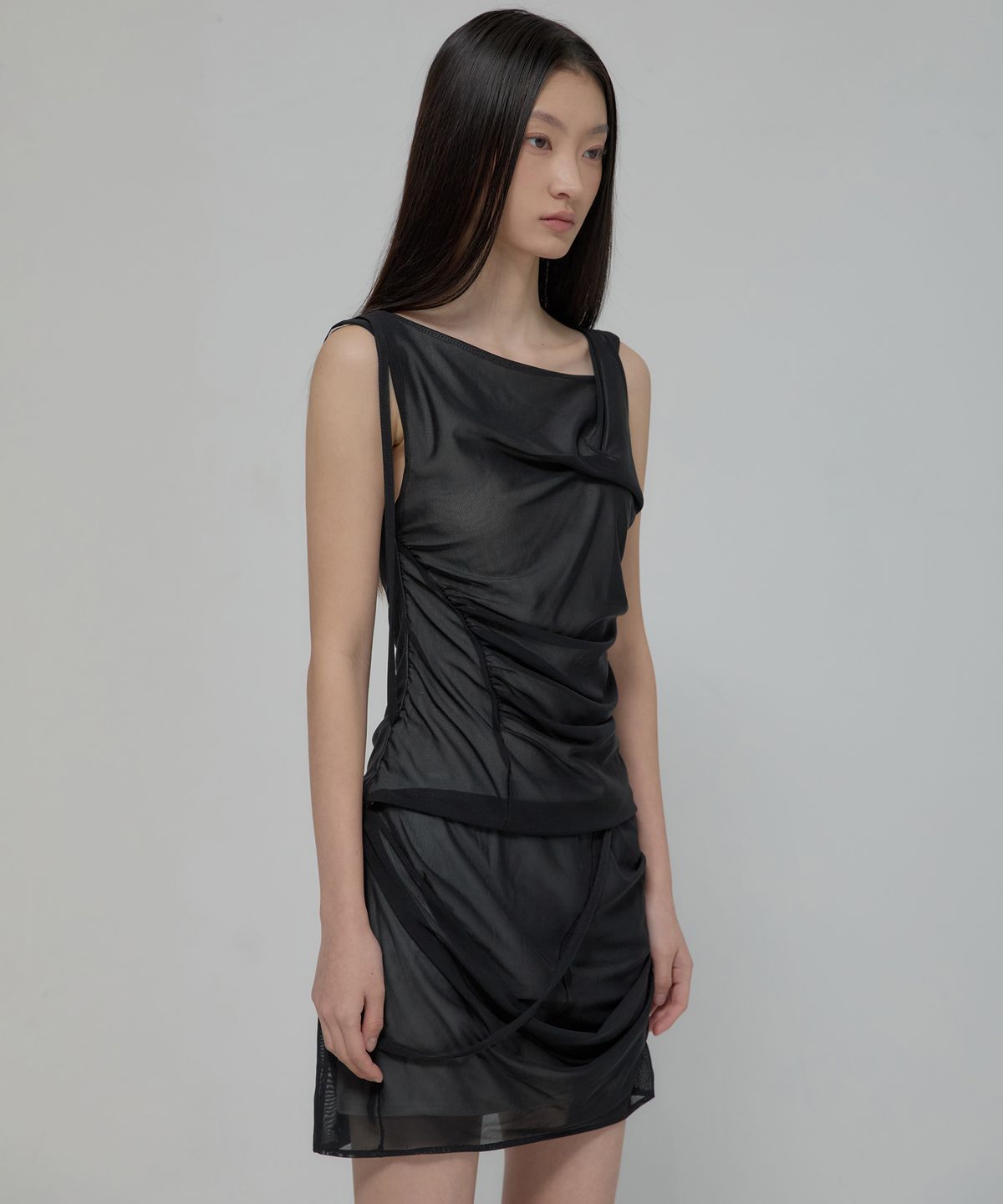 플레어업(FLAREUP) Draped Mesh Layered Mini Skirt (FL-265_Black)