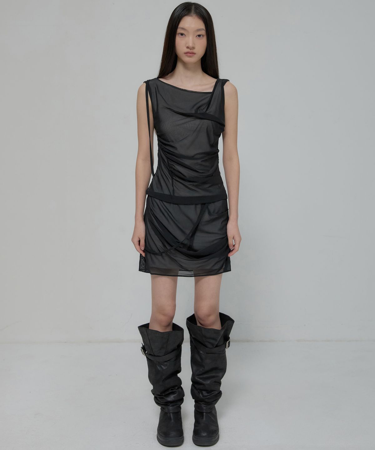 플레어업(FLAREUP) Draped Mesh Layered Mini Skirt (FL-265_Black)