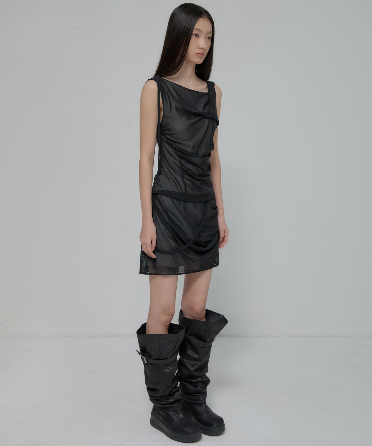 플레어업(FLAREUP) Draped Mesh Layered Mini Skirt (FL-265_Black)