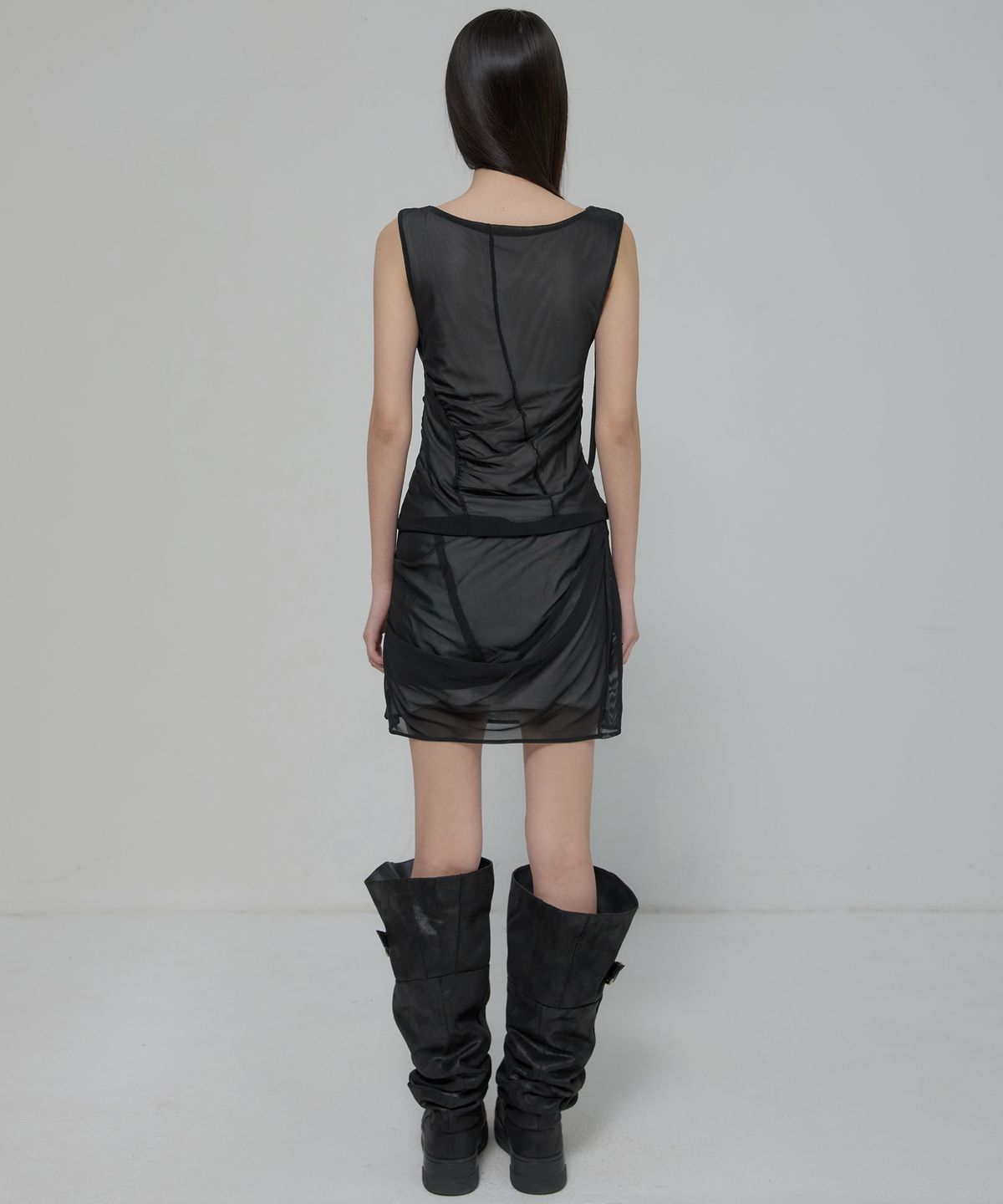 플레어업(FLAREUP) Draped Mesh Layered Mini Skirt (FL-265_Black)
