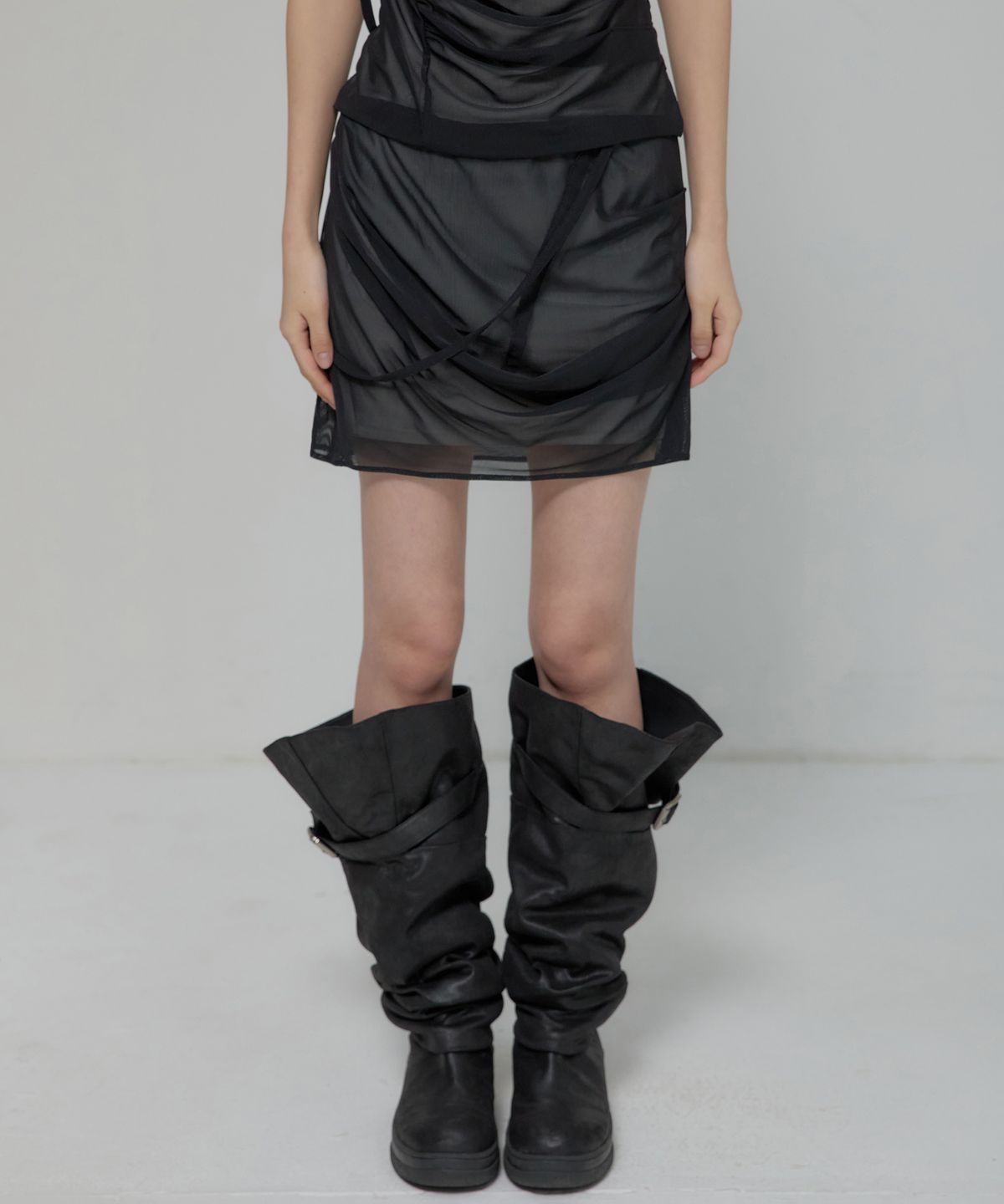 플레어업(FLAREUP) Draped Mesh Layered Mini Skirt (FL-265_Black)