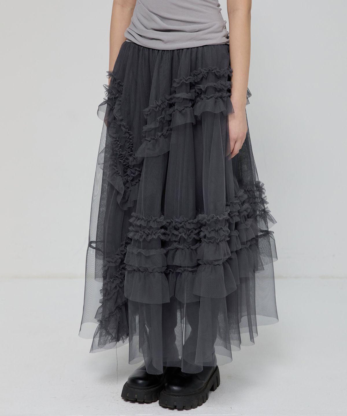 플레어업(FLAREUP) Tulle Layered Long Skirts (FL-266_Charcoal)
