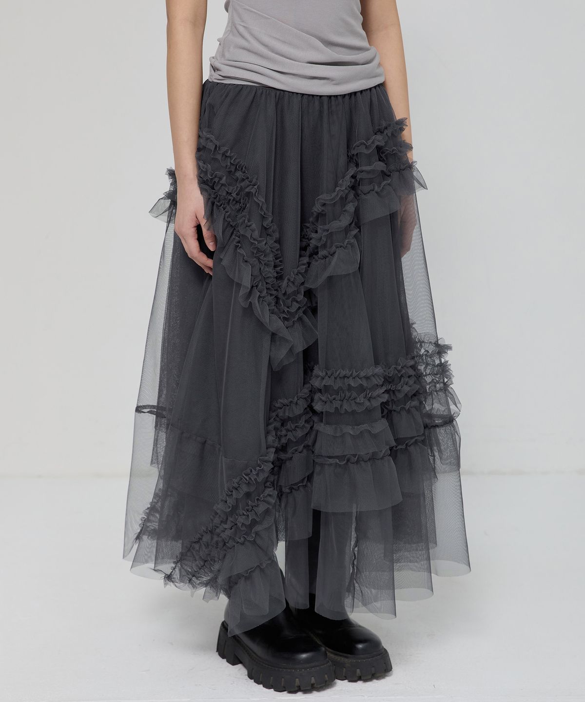 플레어업(FLAREUP) Tulle Layered Long Skirts (FL-266_Charcoal)