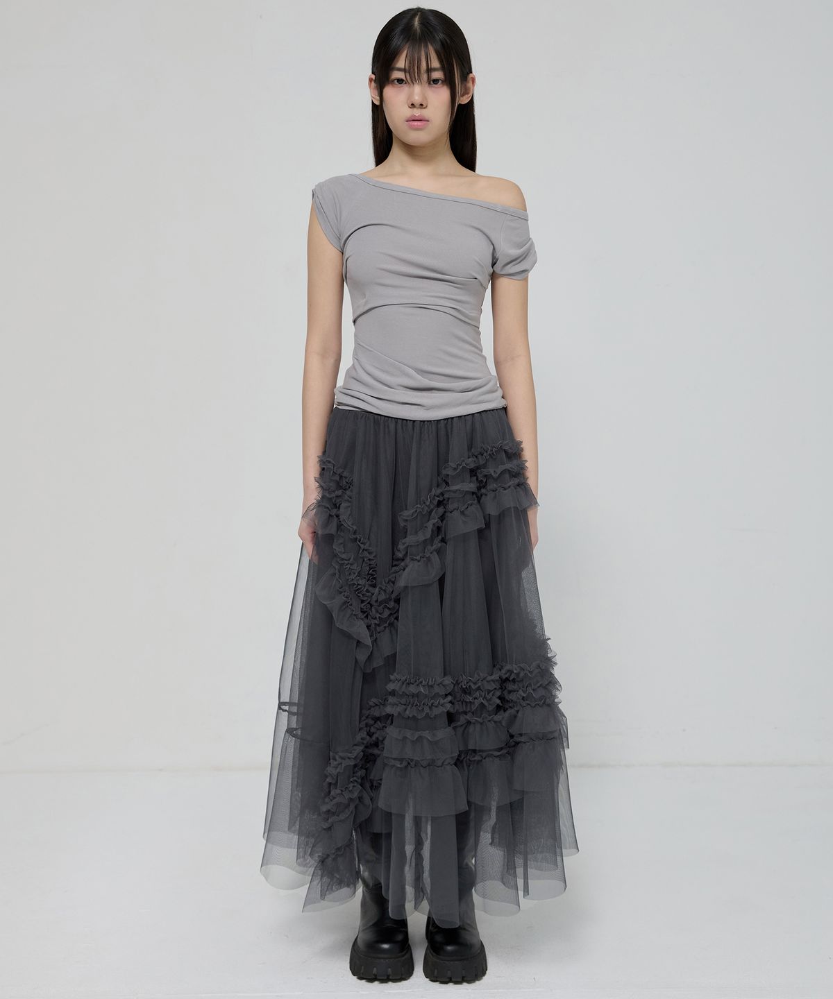 플레어업(FLAREUP) Tulle Layered Long Skirts (FL-266_Charcoal)