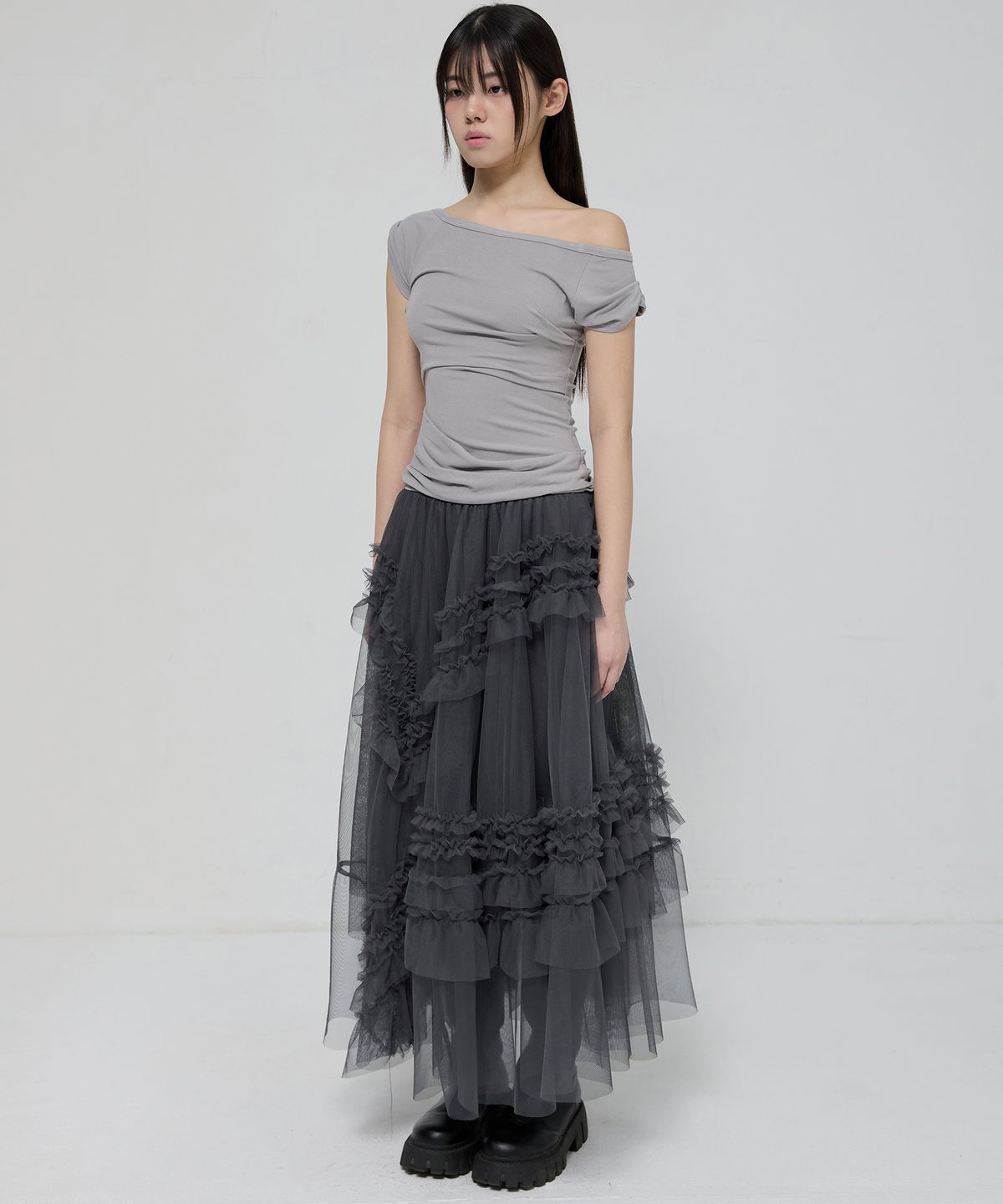 플레어업(FLAREUP) Tulle Layered Long Skirts (FL-266_Charcoal)