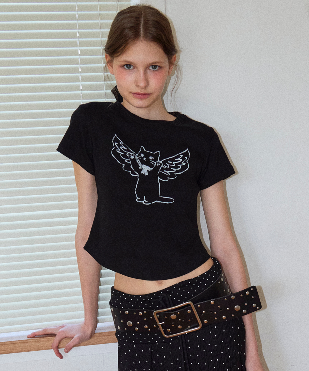 로긴 앤 로지(ROGIN N ROSIE) Angel Cat Printed T-shirt Black