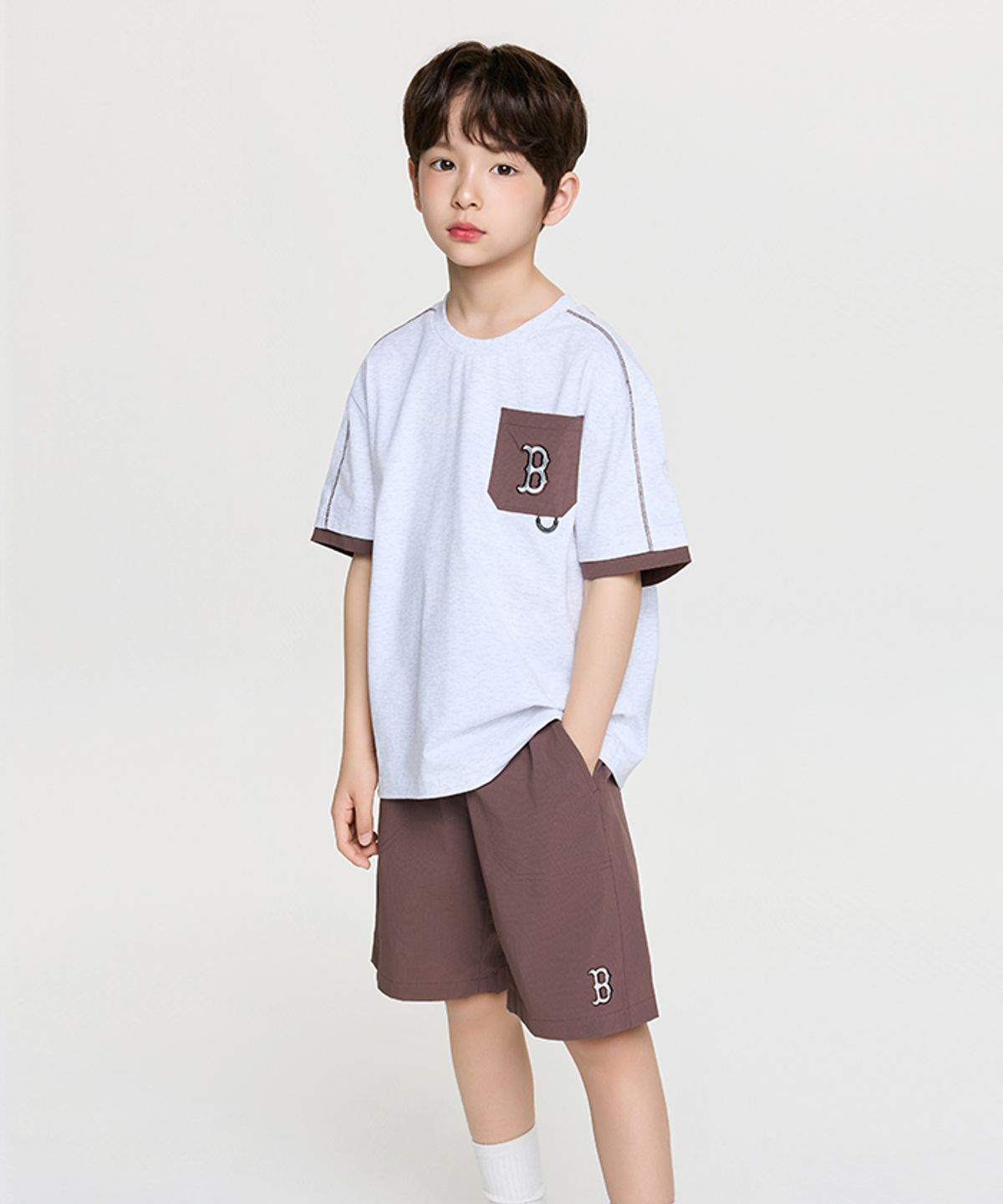 엠엘비 키즈(MLB KIDS) 아웃도어 베이직 포켓 레이어드 티셔츠세트 BOS (Brown)