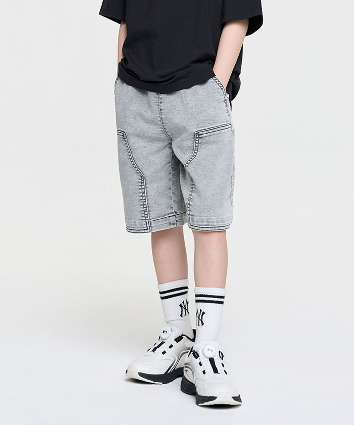 엠엘비 키즈(MLB KIDS) 베이직 저지데님 더블니 반바지 NY (L.Grey)