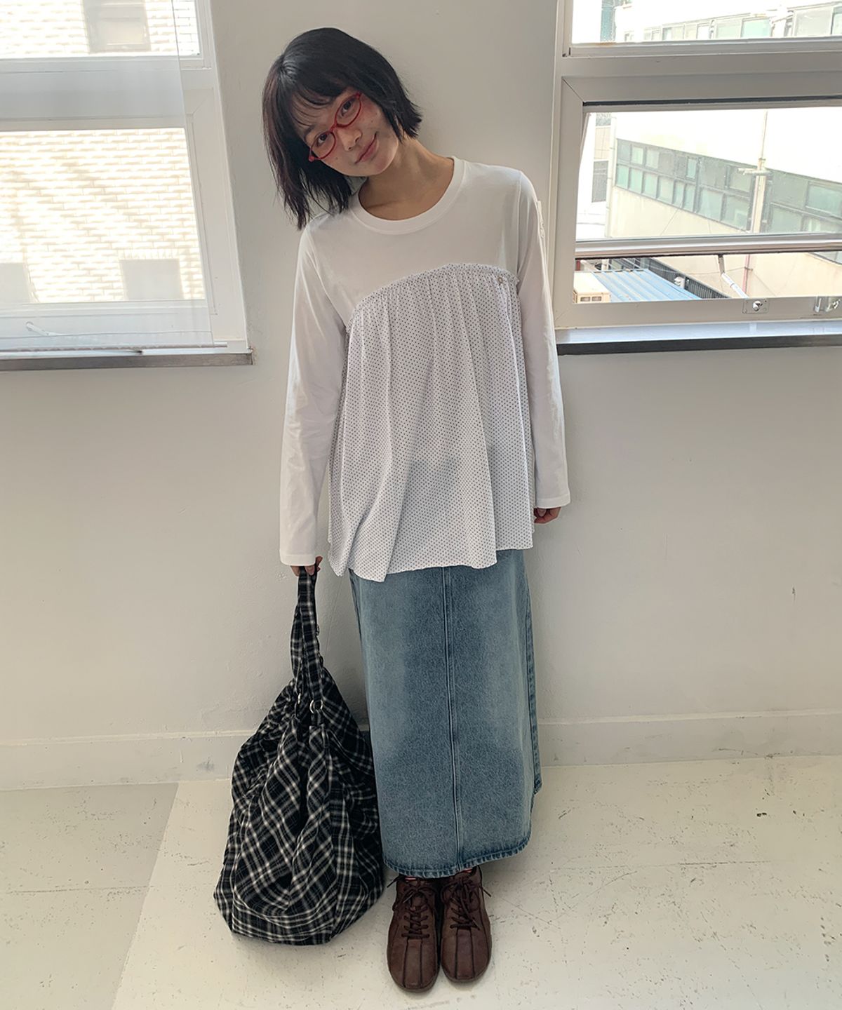 론론(RONRON) DOT FRILL LAYERED LONG SLEEVE WHITE