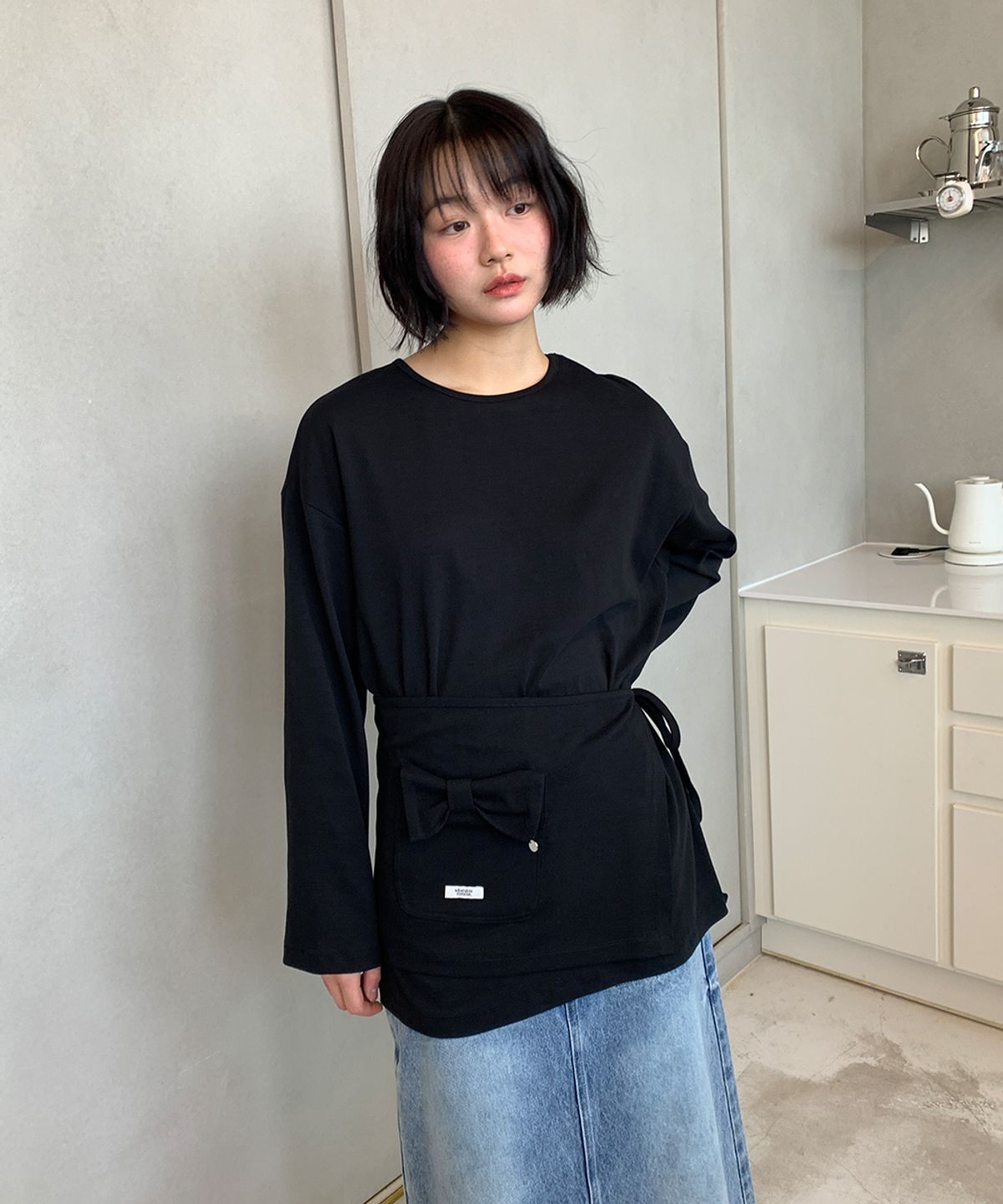 론론(RONRON) WRAP RIBBON POCKET LONG SLEEVE BLACK