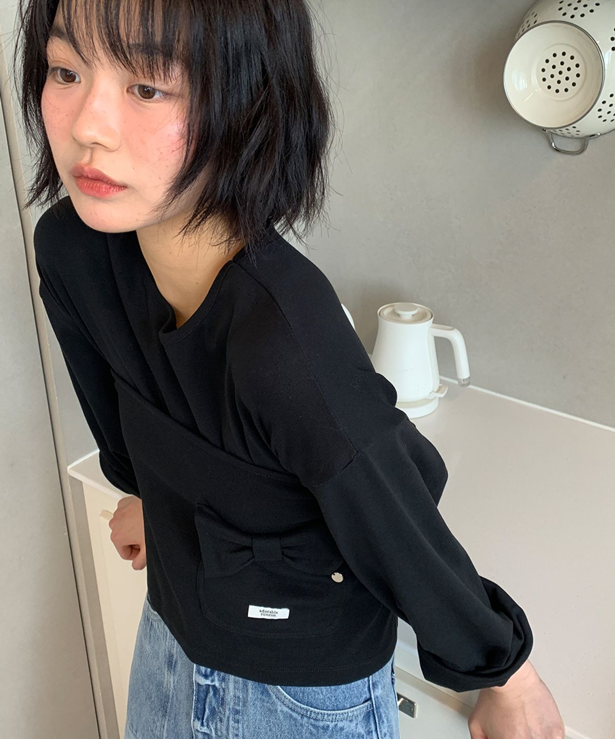 론론(RONRON) WRAP RIBBON POCKET LONG SLEEVE BLACK