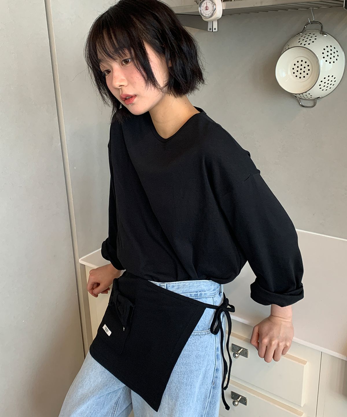 론론(RONRON) WRAP RIBBON POCKET LONG SLEEVE BLACK